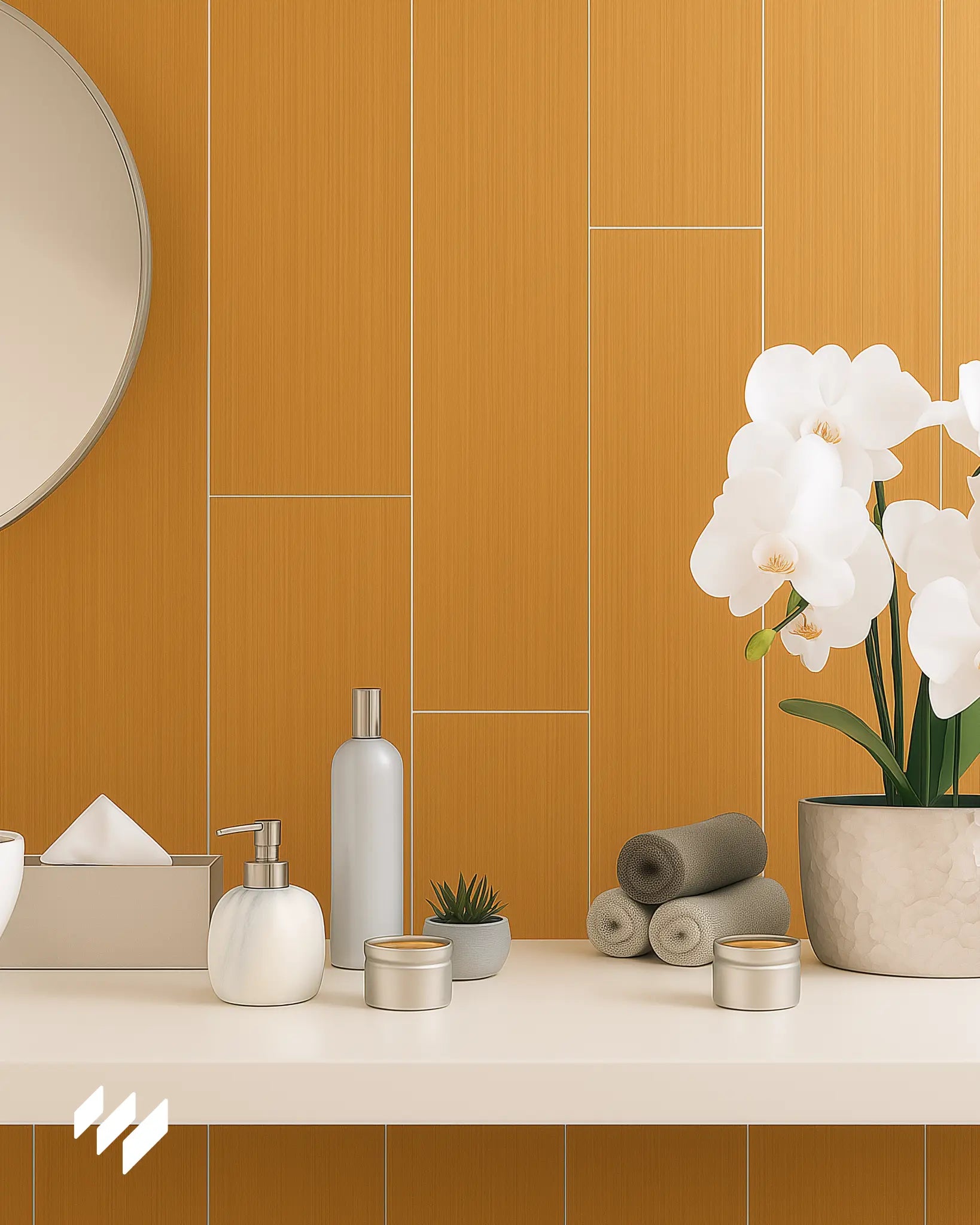 Encimera de lavabo decorada con orquídea blanca, toallas y dispensadores, sobre fondo de Panel SPC efecto madera cerámica en formato vertical.