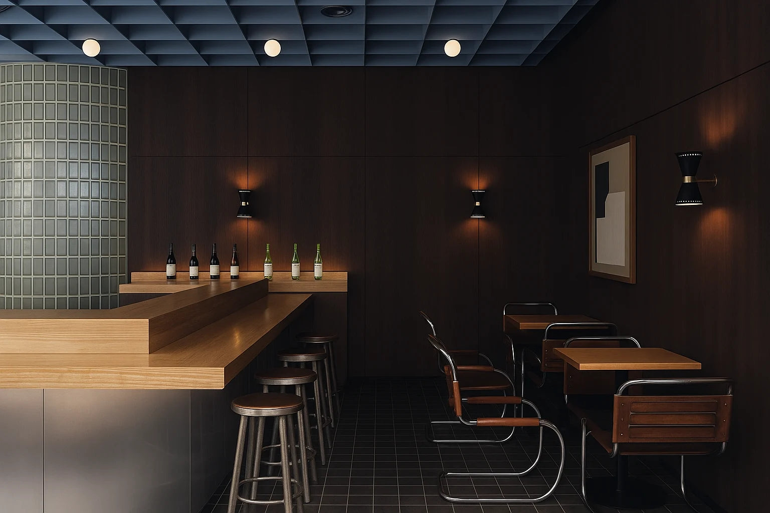 Restaurante japonés elegante transformado con Panel Decorativo WPC efecto madera en color Roble Nocturno. Ambiente sofisticado, cálido e íntimo, resaltando un diseño contemporáneo, luminosidad tenue y detalles minimalistas de madera natural. para PC