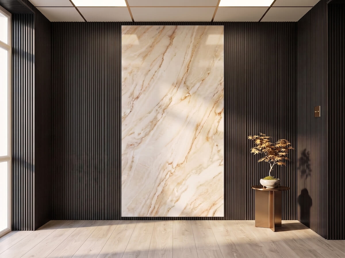 Después de la instalación en un apartamento de Barcelona con Revestimiento de Pared Listones WPC Antracita Metalizado y panel decorativo efecto mármol.