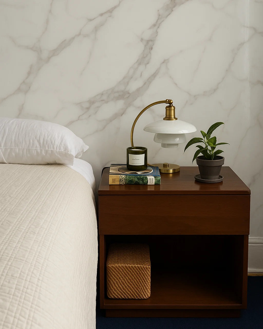 Dormitorio minimalista con pared de Panel WPC Alto Brillo efecto Mármol Calacatta Blanco detrás de la mesita de noche de madera, lámpara de diseño clásico y cama con ropa de cama beige.