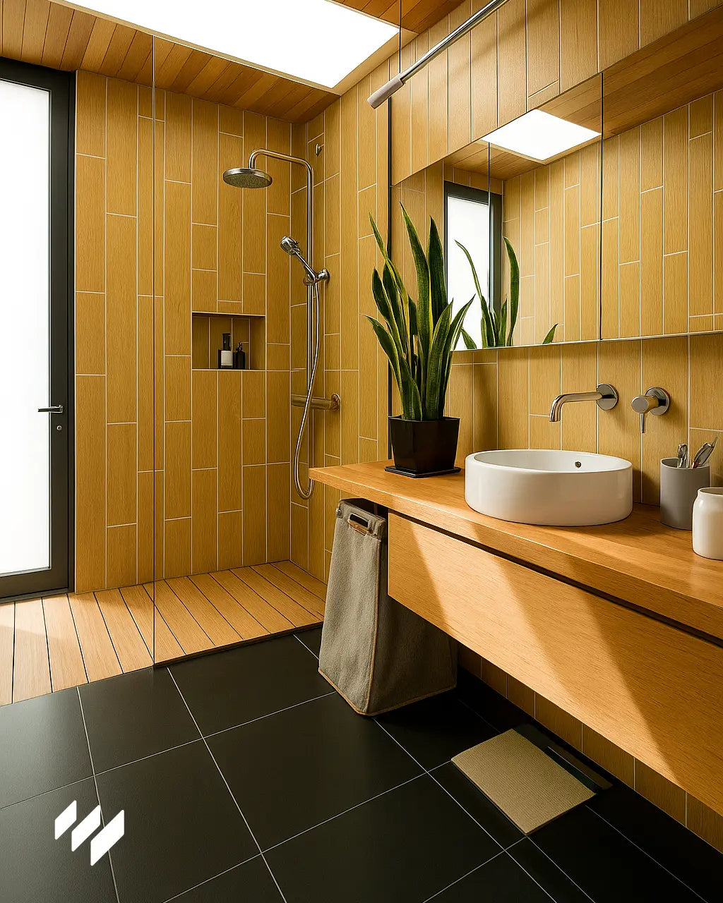 Baño con ducha y espejo grande, paredes revestidas con Panel SPC efecto madera cerámica y planta decorativa que aporta frescura al entorno.