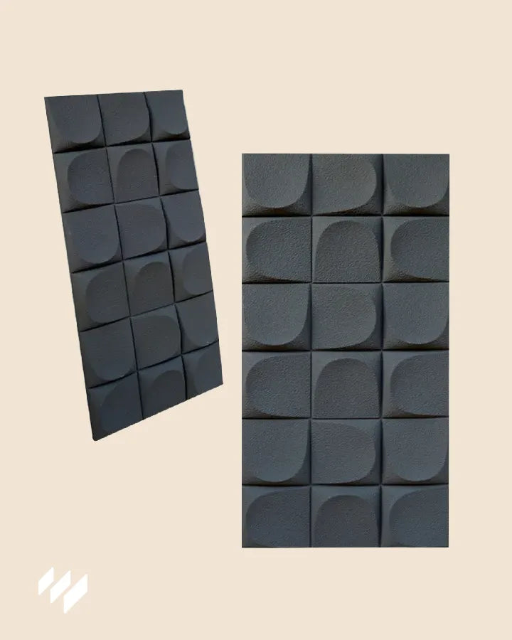 Revestimiento de pared 3D de PU efecto Almohadillado negro de Revestimientos Pared, mostrado en diferentes ángulos para destacar su relieve y textura.