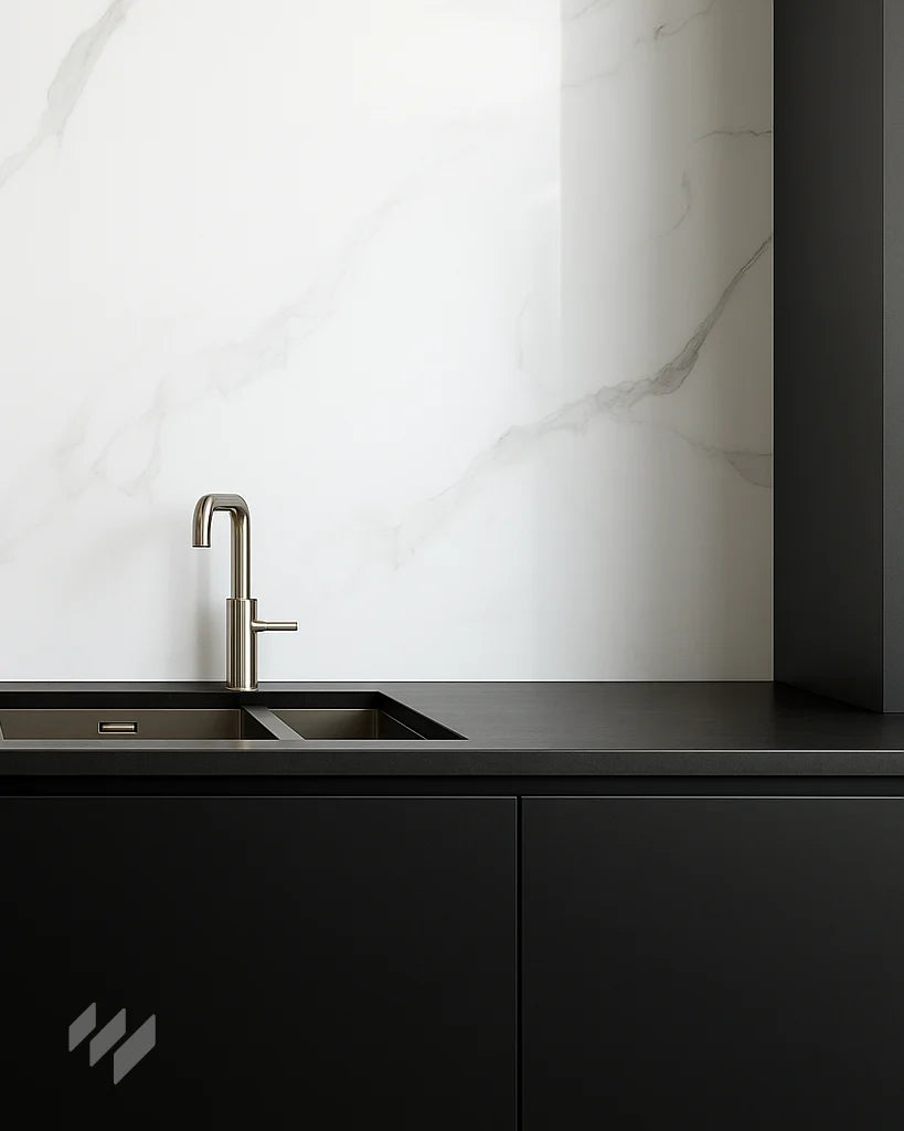 Inspiración de cocina con Panel WPC Alto Brillo efecto Mármol Calacatta Blanco de Revestimientos Pared, en un diseño minimalista y elegante, ofreciendo ideas para renovación de cocinas modernas.