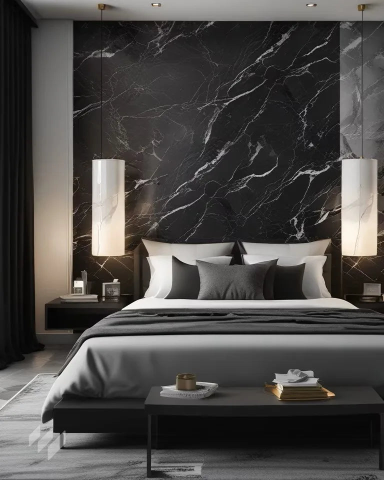 Inspiración de dormitorio con Panel WPC Alto Brillo efecto Mármol Negro de Revestimientos Pared, en un diseño sofisticado y contemporáneo, ofreciendo ideas para interiores elegantes y lujosos.