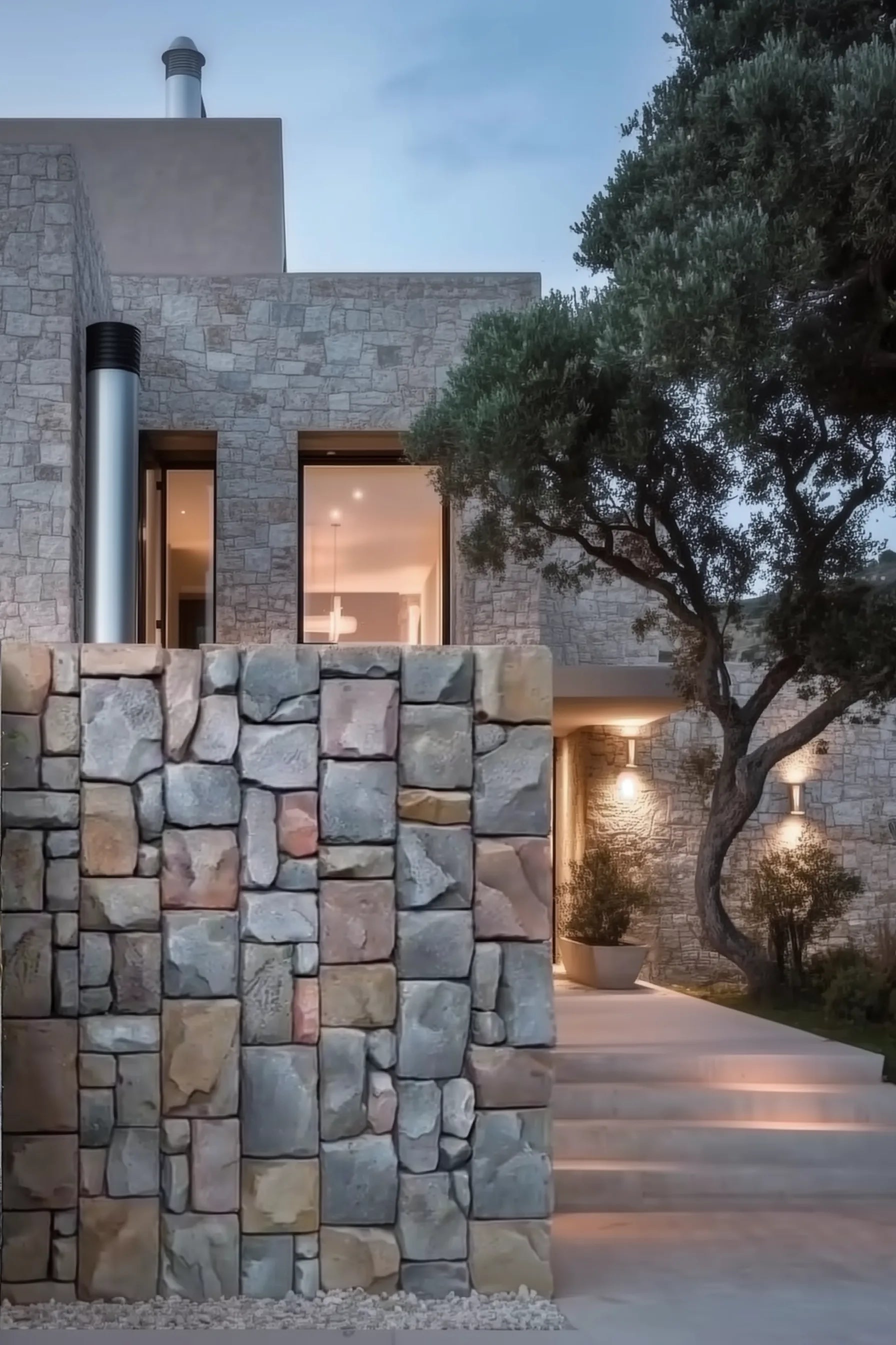 Panel PU efecto piedra Fortaleza utilizado como muro decorativo en la entrada principal de una vivienda de lujo al atardecer