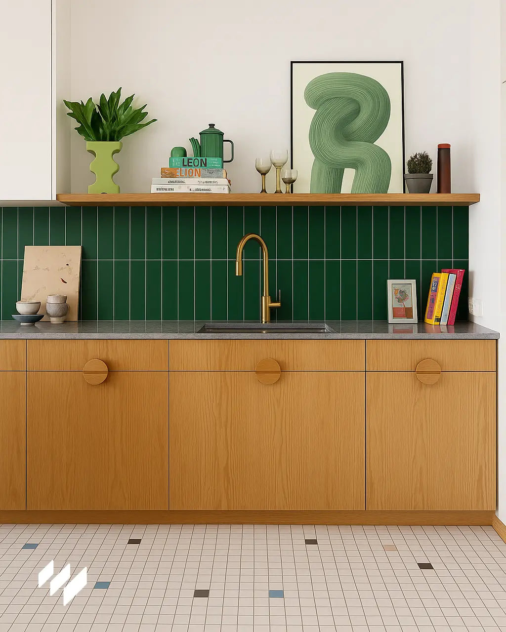 Zona de fregadero con muebles de madera clara y estantería superior, fondo revestido con panel SPC verde vertical y accesorios decorativos modernos.