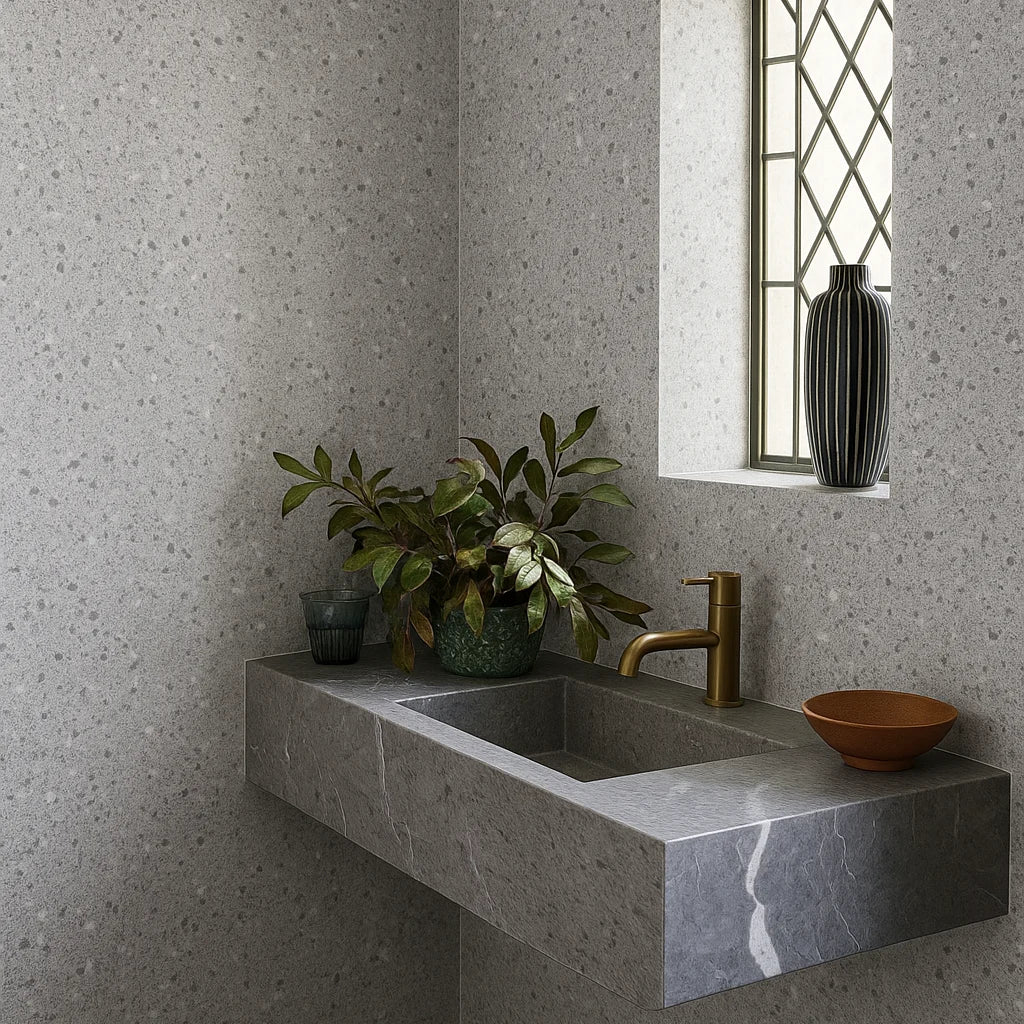 Lavabo moderno con paredes revestidas con panel SPC efecto terrazo gris, que muestra la textura realista y el acabado mate característico del material.