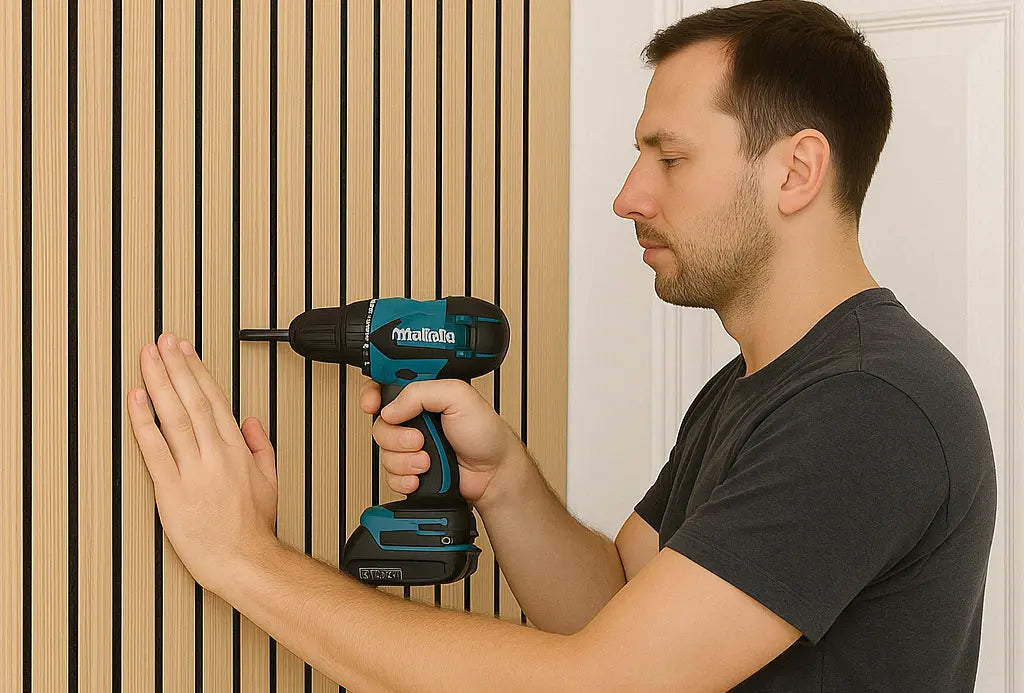 Un hombre está instalando Panel Acústico de Listones utilizando tornillos.