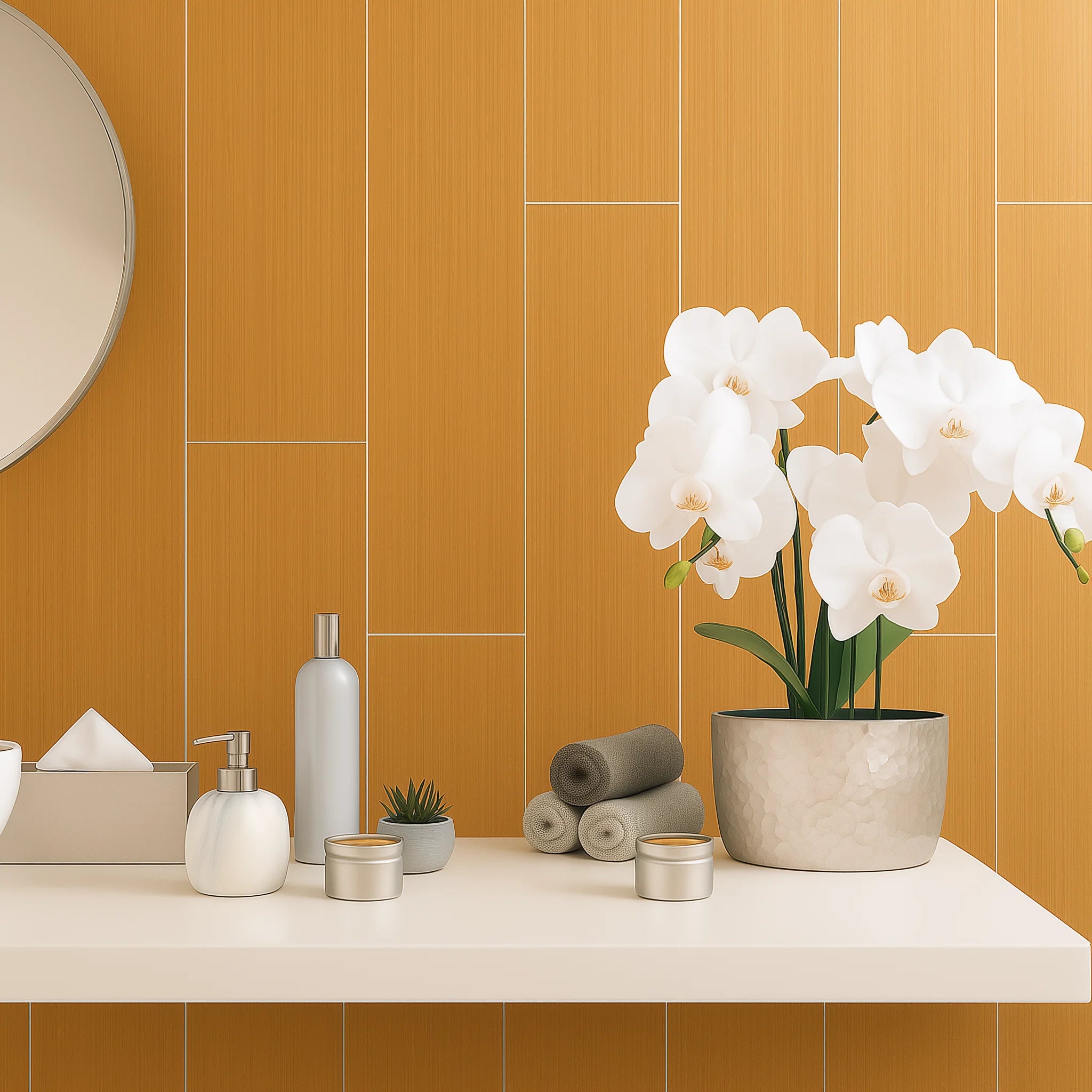 Pared de lavabo decorada con Panel SPC efecto madera cerámica en un baño moderno. El revestimiento de lamas verticales aporta calidez al espacio, acompañado de una orquídea blanca, toallas enrolladas y accesorios de tocador sobre una encimera blanca.