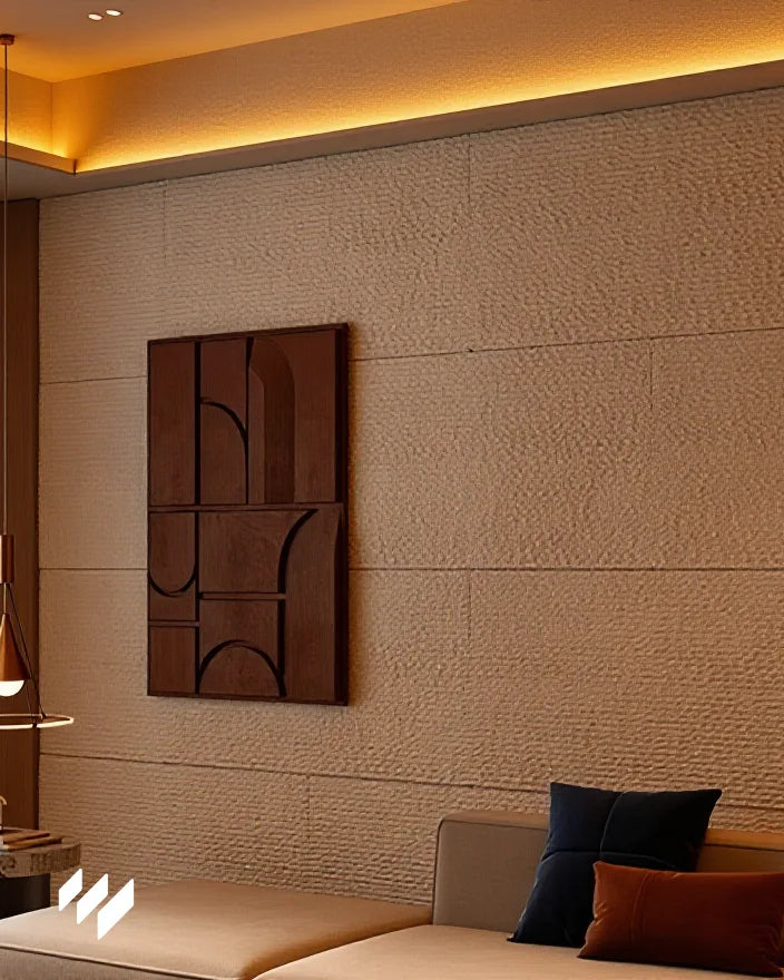 salon moderno con Panel decorativo 3D de PU efecto piedra acanalada blanco de Revestimientos Pared, con iluminación cálida y detalles en madera, ofreciendo ideas para decoración sofisticada de interiores.