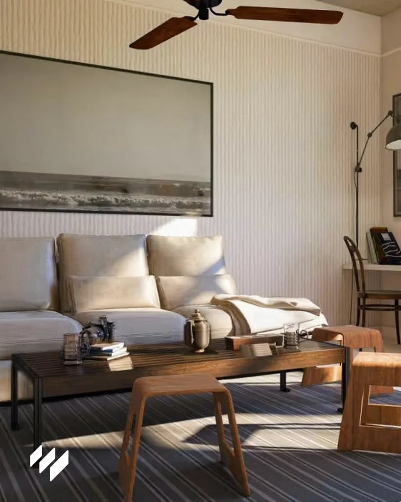 Salón con Panel decorativo 3D de PU efecto piedra acanalada blanco de Revestimientos Pared, iluminado con luz natural y mobiliario en tonos cálidos, ofreciendo ideas para decoración acogedora de interiores.