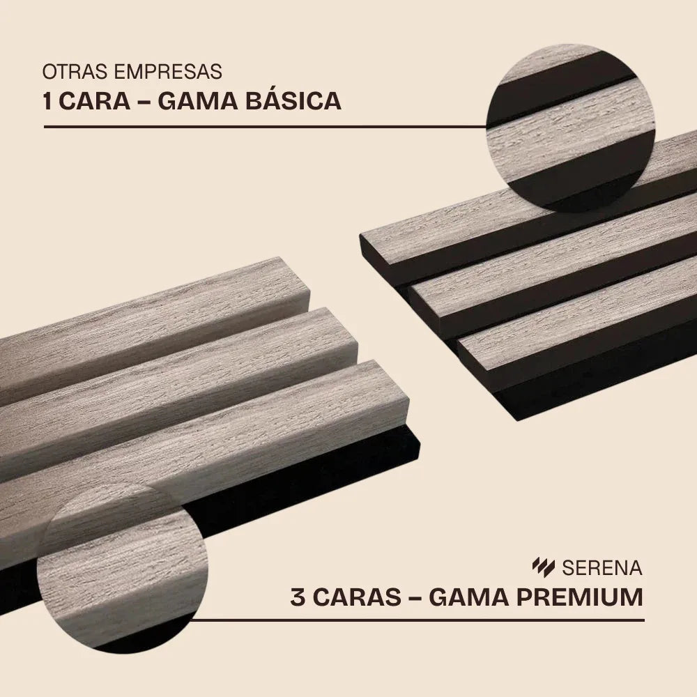 Comparativa visual entre paneles decorativos acústicos: opción básica de 1 cara vs Serena premium de 3 caras, con chapa técnica de madera acabado nogal natural