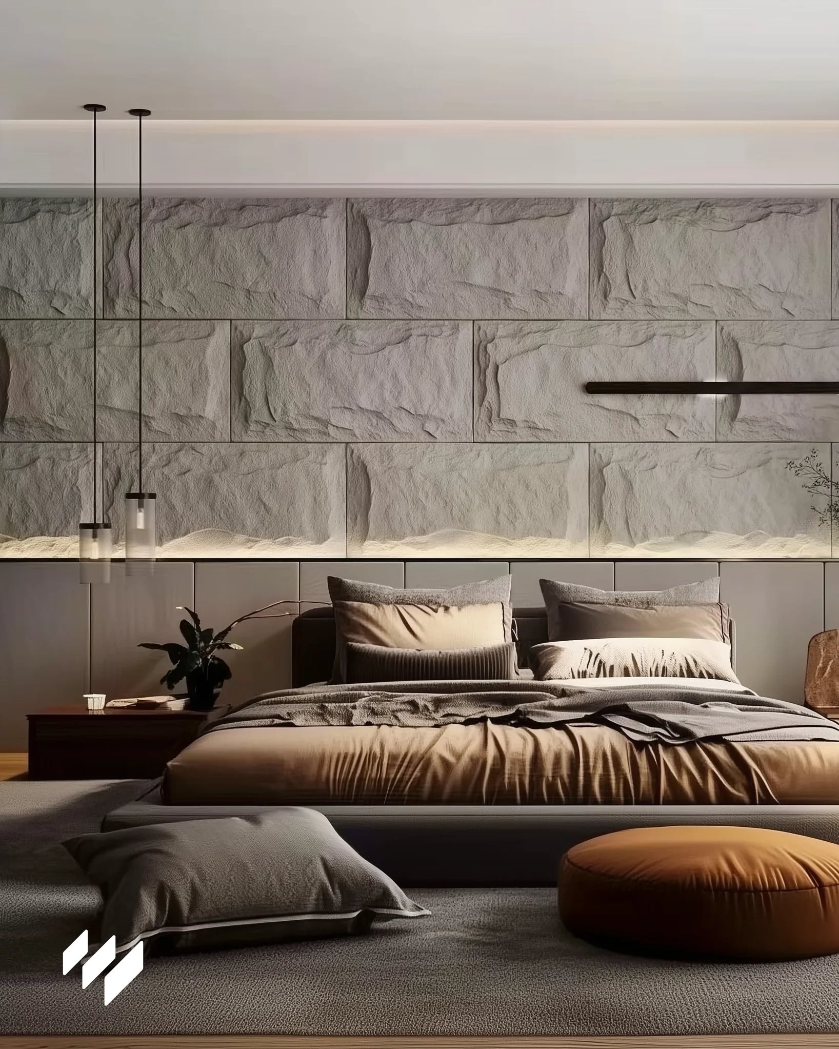 Revestimiento de pared Panel Piedra PU Blanco Caliza de Revestimientos Pared aplicado en dormitorio contemporáneo con iluminación indirecta y tonos cálidos.