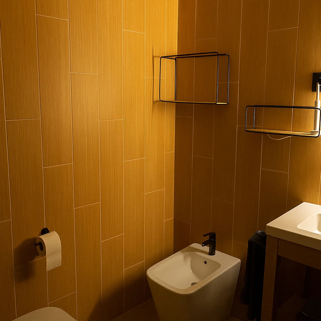 Aseo cálido con revestimiento de panel SPC efecto madera cerámica, integrando bidé, lavabo y estanterías metálicas negras en un ambiente acogedor.