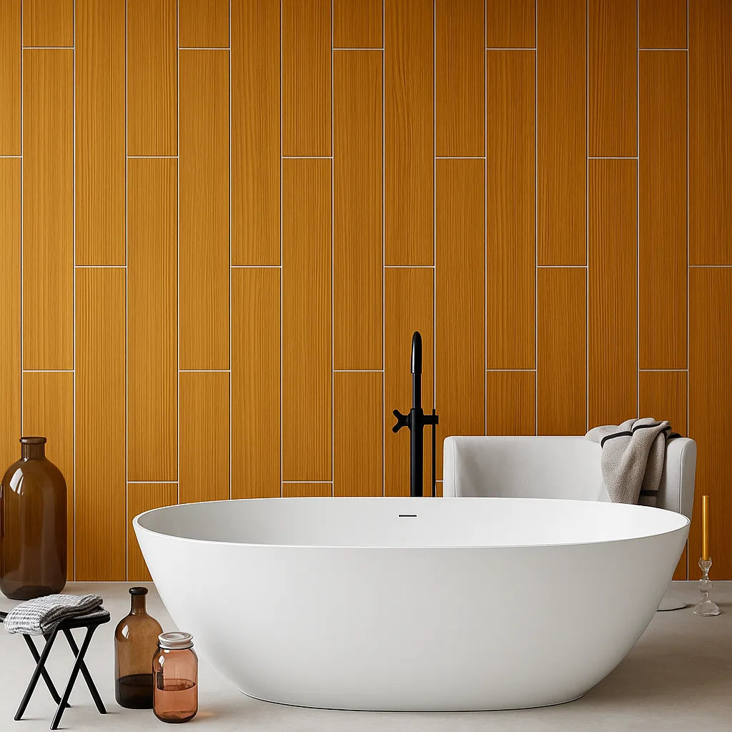 Baño moderno con bañera exenta blanca y pared revestida con panel SPC efecto madera cerámica.