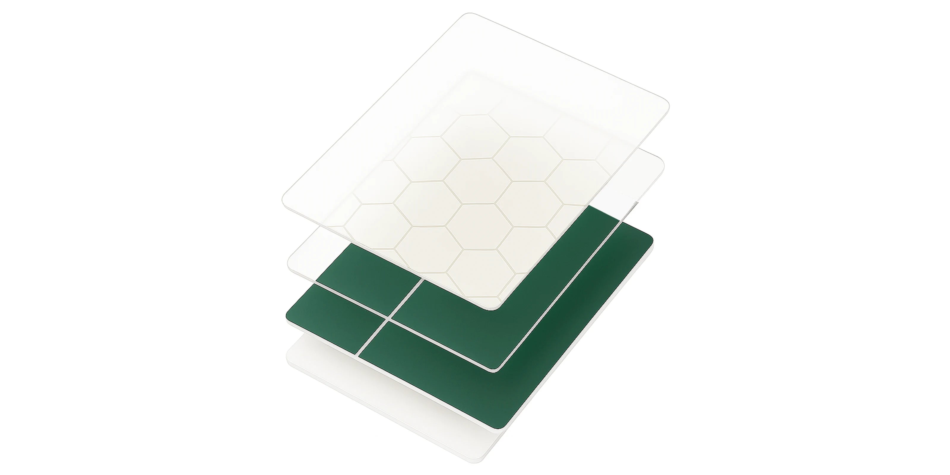 Vista expandida en 3D del Panel SPC imitación azulejo vertical verde mostrando sus cuatro capas para PC: capa protectora transparente, capa con patrón hexagonal, núcleo con textura de verde y base blanca sólida