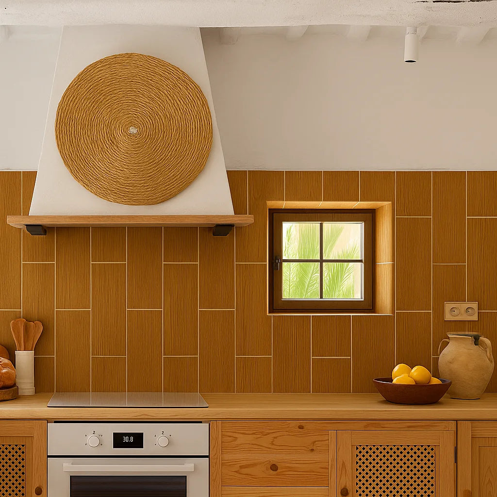 Cocina de estilo rústico con paredes revestidas con paneles SPC efecto madera cerámica, encimera de madera clara y ventana pequeña.