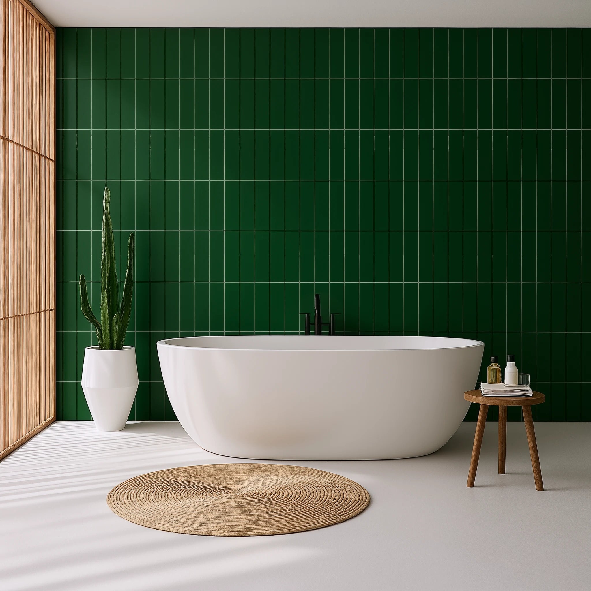 Panel SPC imitación azulejo verde instalado en la pared detrás de una bañera blanca moderna en un baño minimalista.