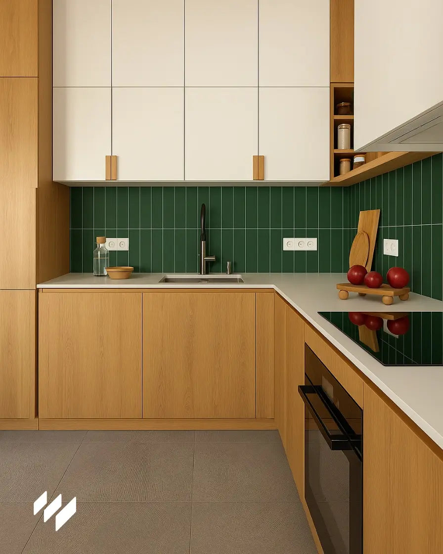 Revestimiento SPC imitación azulejo verde vertical instalado en cocina minimalista con muebles de madera clara.