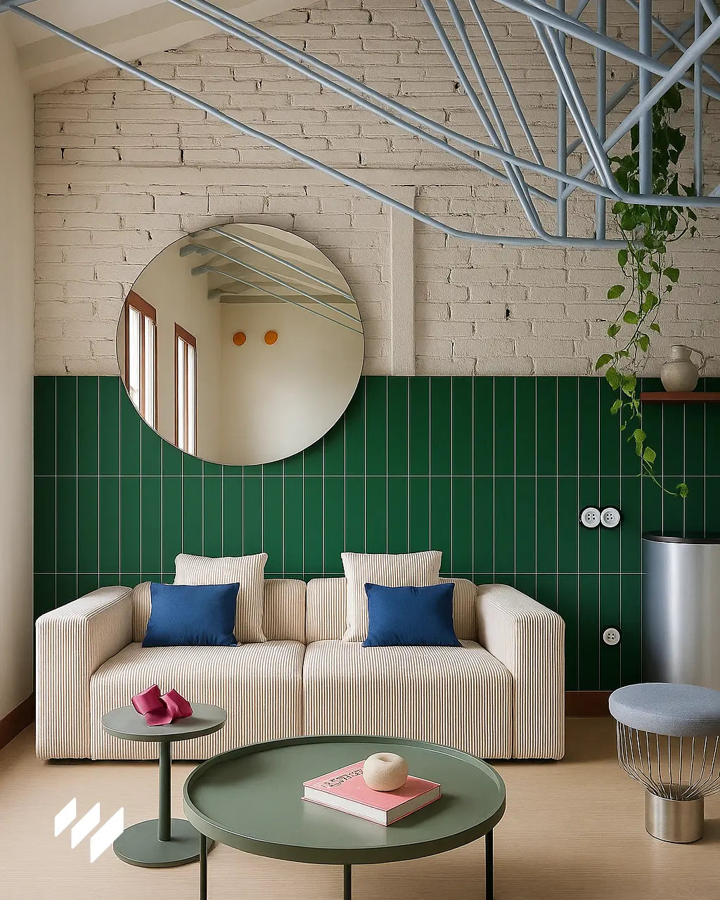 Panel SPC verde con diseño de azulejo vertical en la pared del salón, combinado con ladrillo pintado y mobiliario contemporáneo.