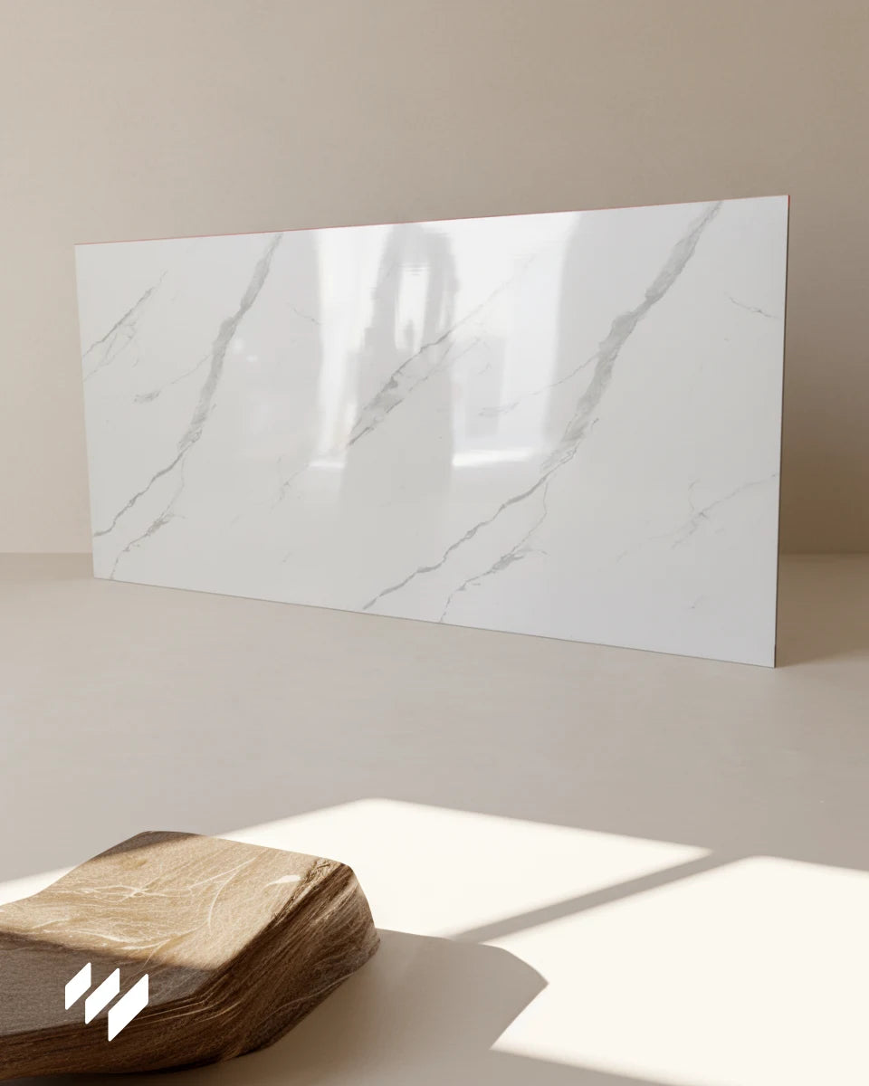 Panel decorativo WPC de alto brillo con efecto mármol Calacatta Blanco, fotografiado en ambiente minimalista y luminoso con luz natural suave.