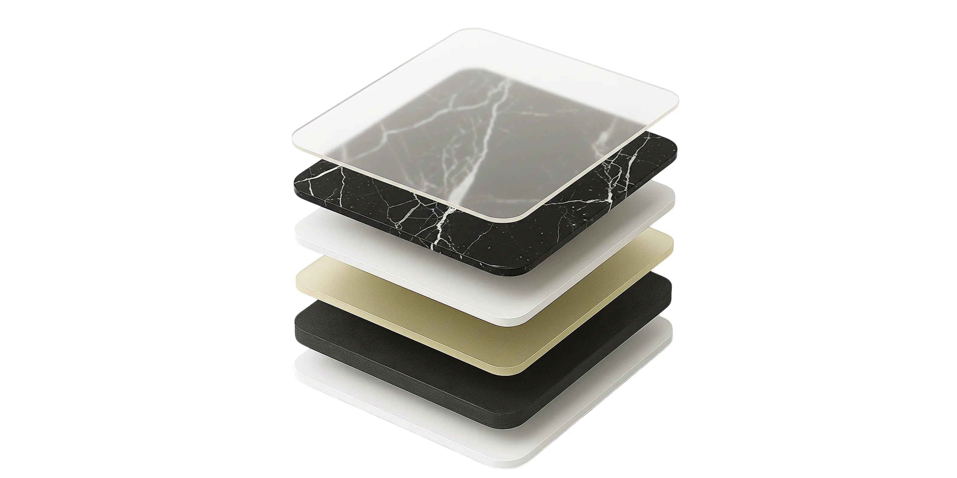 Render 3D del panel WPC Alto Brillo efecto Mármol Negro Marquina con seis capas que ilustran su composición y resistencia.