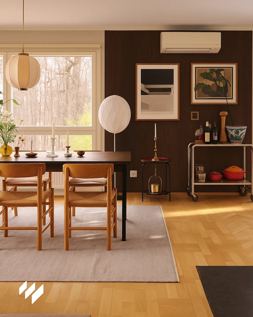 Revestimiento WPC efecto madera Roble Nocturno en comedor de estilo nórdico moderno, con ventanas amplias y decoración natural.