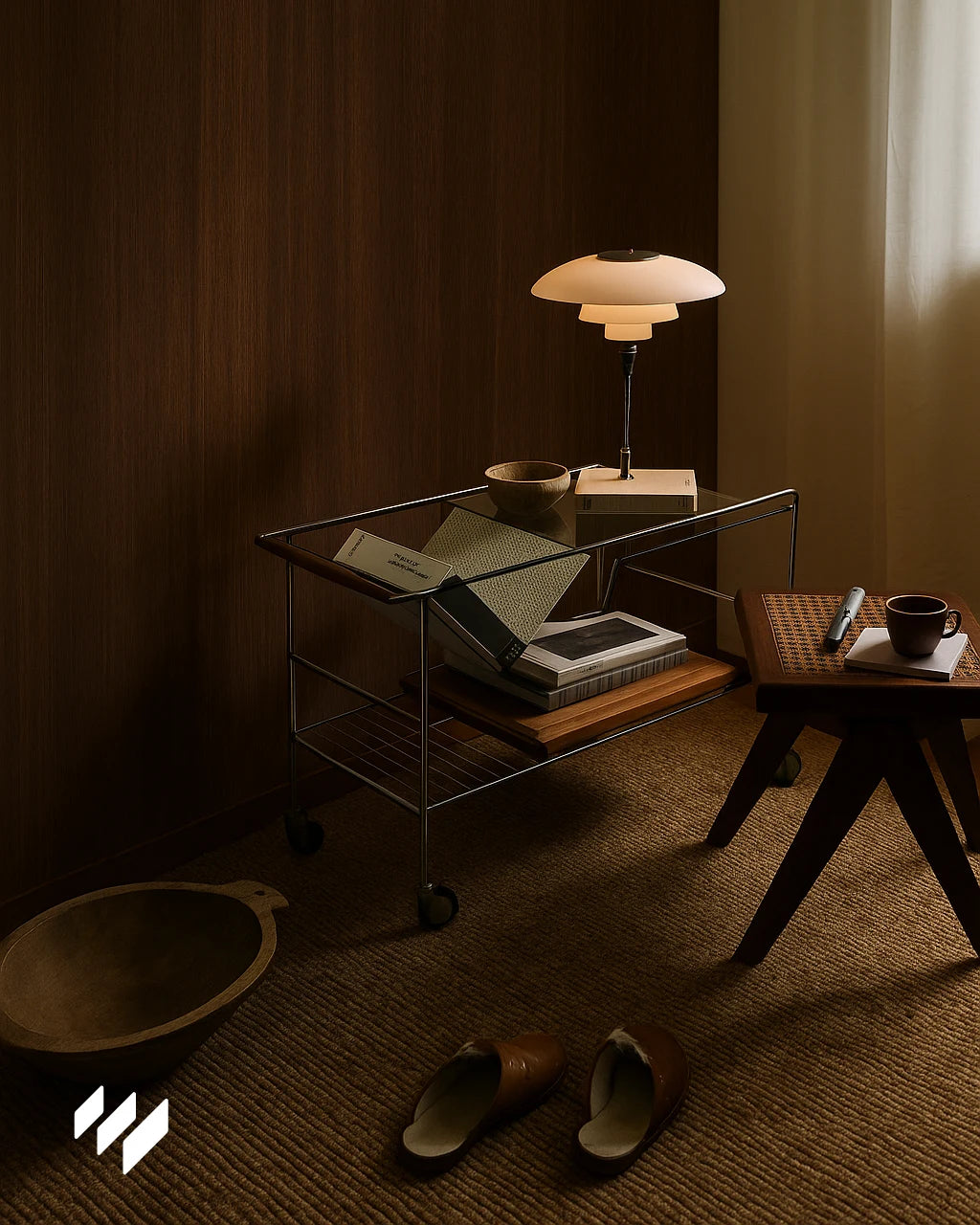 Rincón de estilo escandinavo con carrito metálico, lámpara de diseño y pared en Roble Nocturno en luz suave.