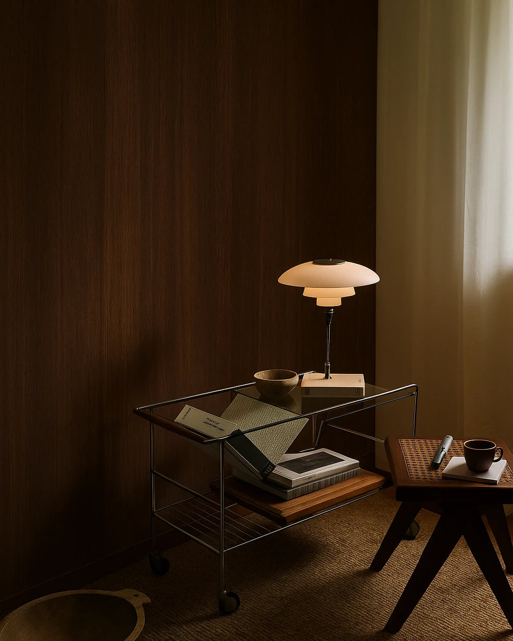 Revestimiento WPC efecto madera Roble Nocturno en rincón de lectura, con carrito metálico, lámpara de sobremesa y ambiente acogedor.