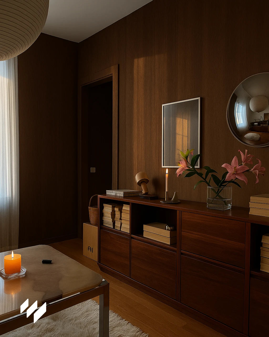 Panel decorativo WPC color Roble Nocturno instalado en salón con estilo vintage cálido, mobiliario de madera oscura y luz natural suave.