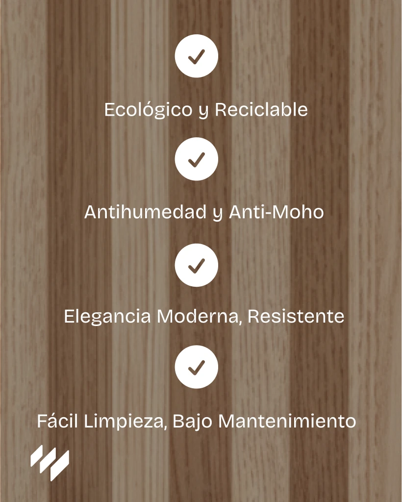 Características del panel WPC Roble Nórdico de Revestimientos Pared: ecológico, antihumedad, resistente y de fácil limpieza.
