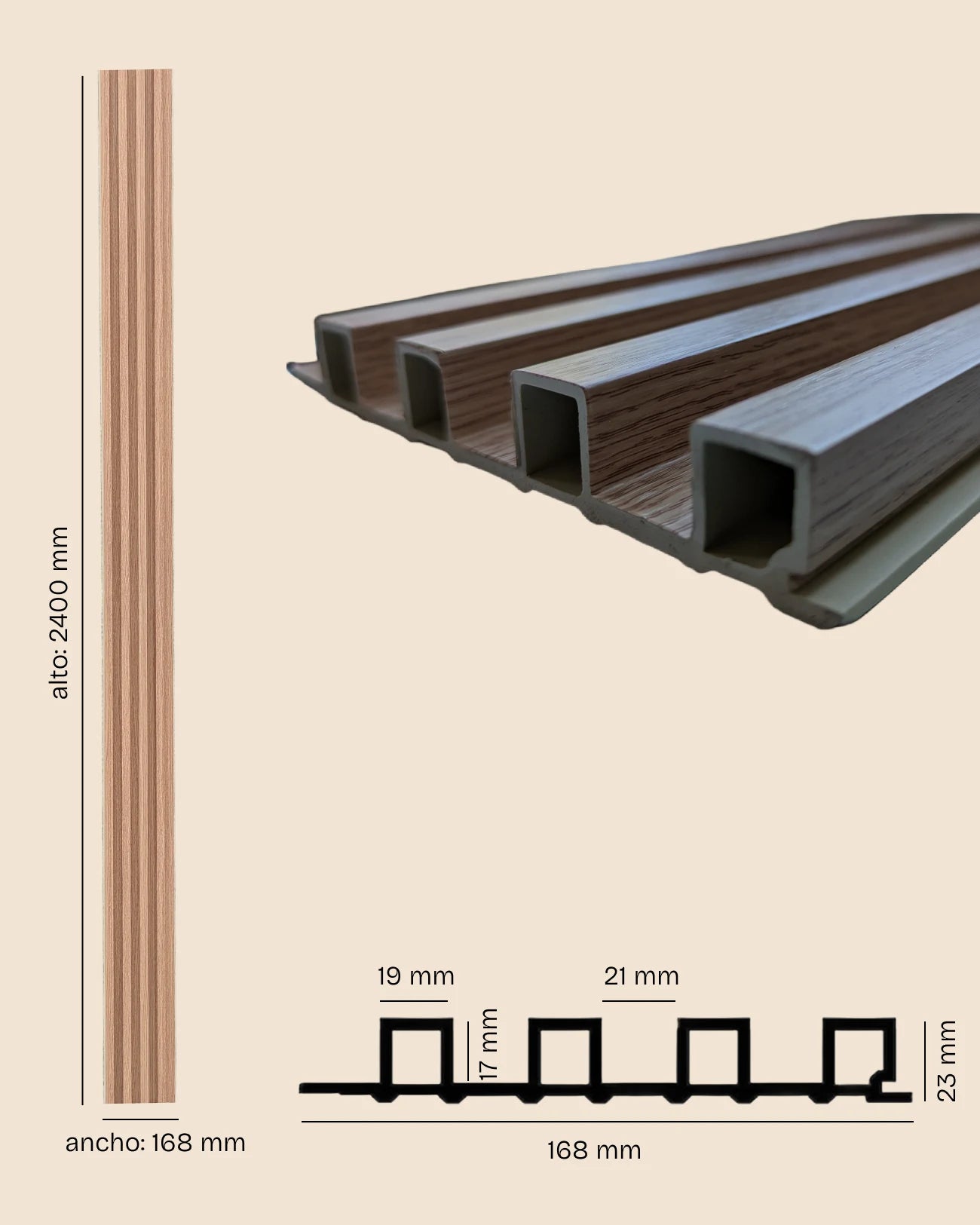 Dimensiones del panel decorativo de listones 3D WPC Roble Nórdico de Revestimientos Pared, con medidas de 2400 x 168 mm y detalle del perfil lateral.
