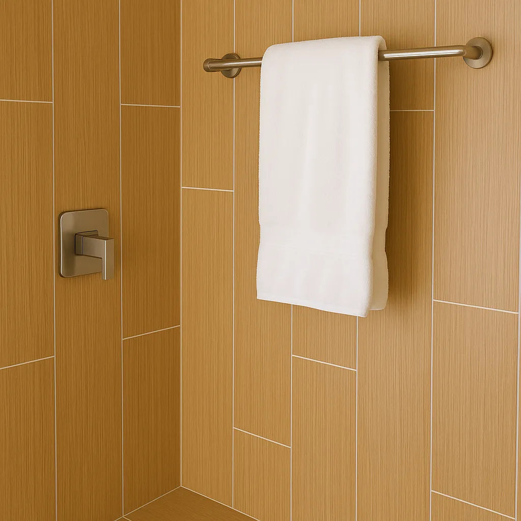 Panel SPC instalado en una pared de baño, mostrando que elementos como toalleros deben fijarse directamente a la base estructural, no solo al panel decorativo.