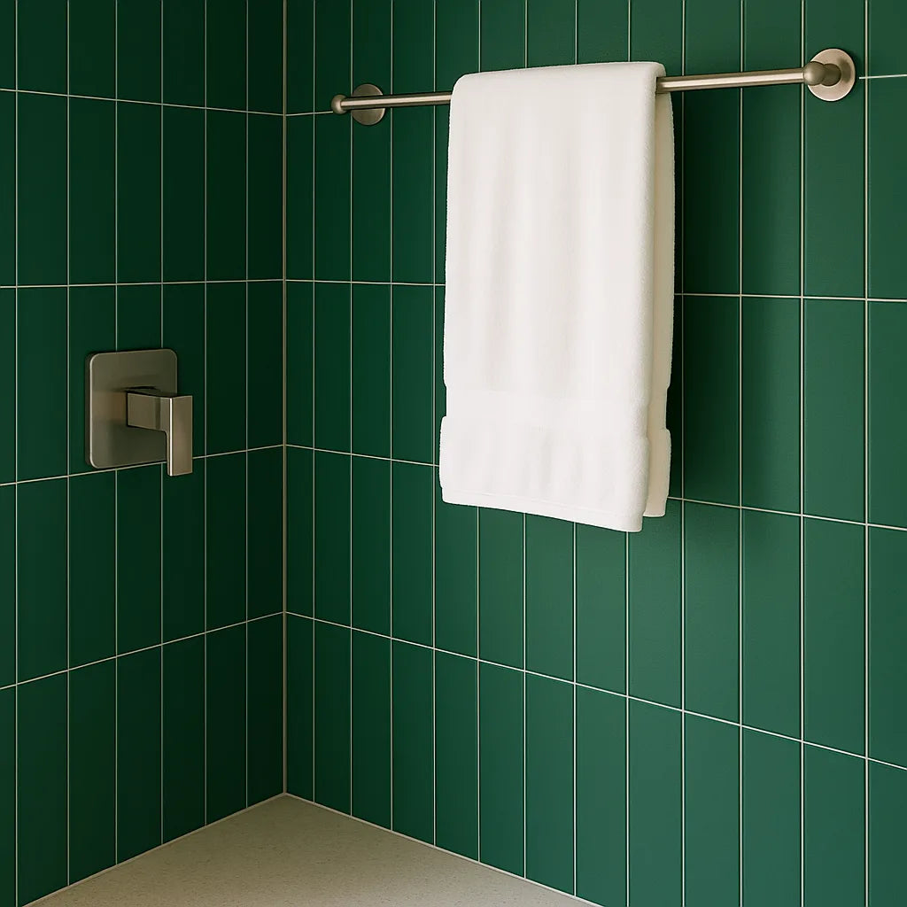 Panel SPC verde instalado en una pared de baño, mostrando que elementos como toalleros deben fijarse directamente a la base estructural, no solo al panel decorativo.