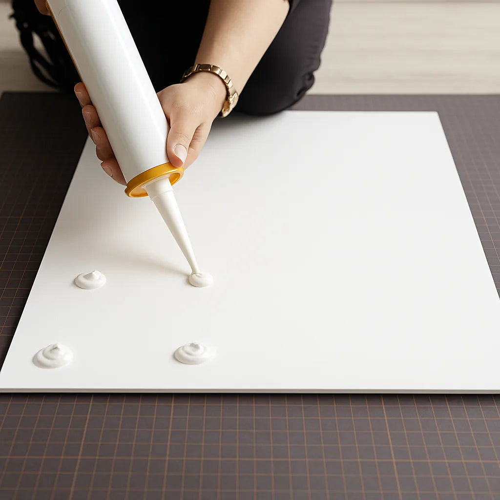 Aplicación de adhesivos específicos y selladores de silicona para instalar panel SPC efecto mármol blanco sobre una superficie.