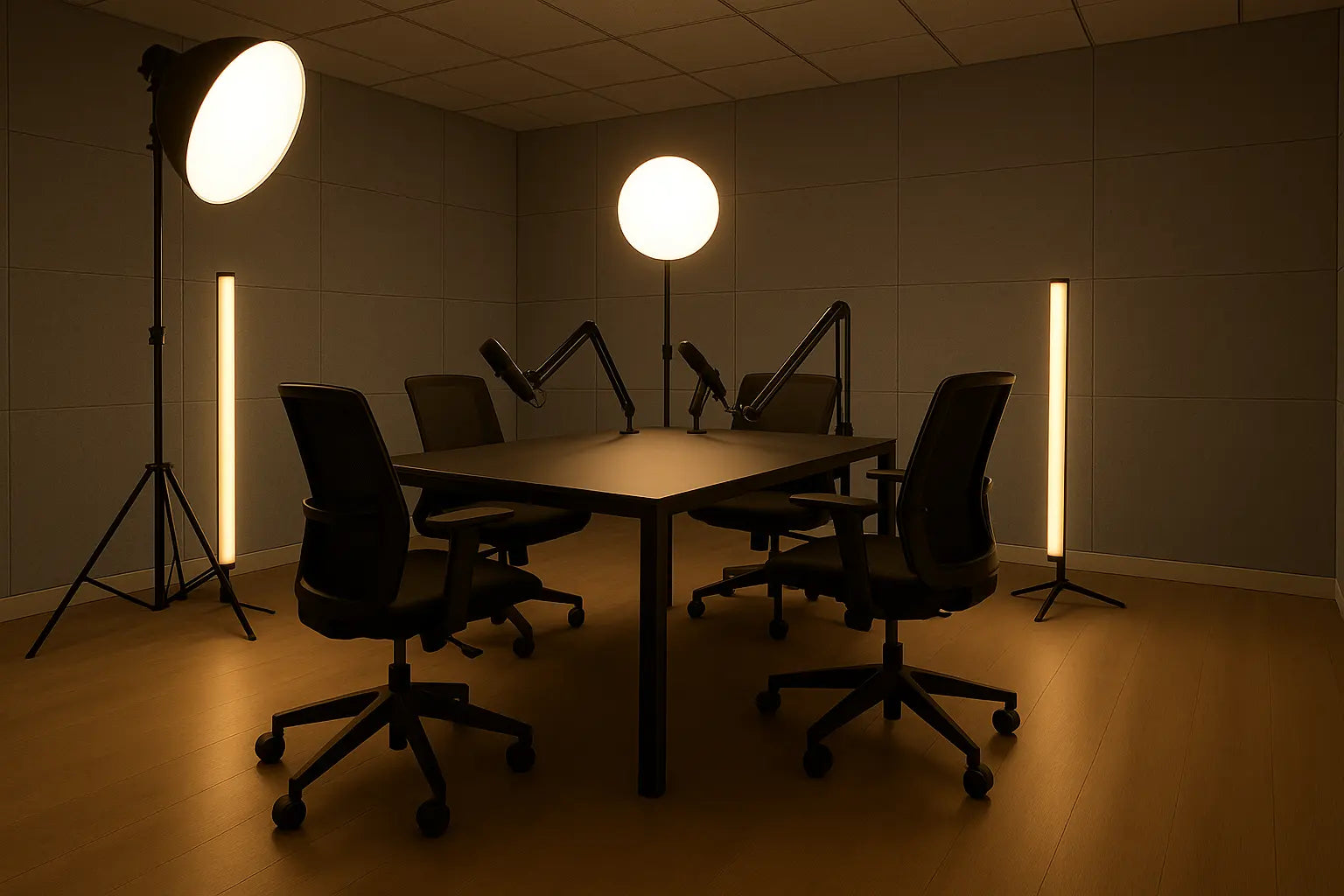 Sala de grabación de pódcast equipada con paneles acústicos autoadhesivos de poliéster en color gris, que proporcionan un ambiente profesional con excelente absorción sonora.