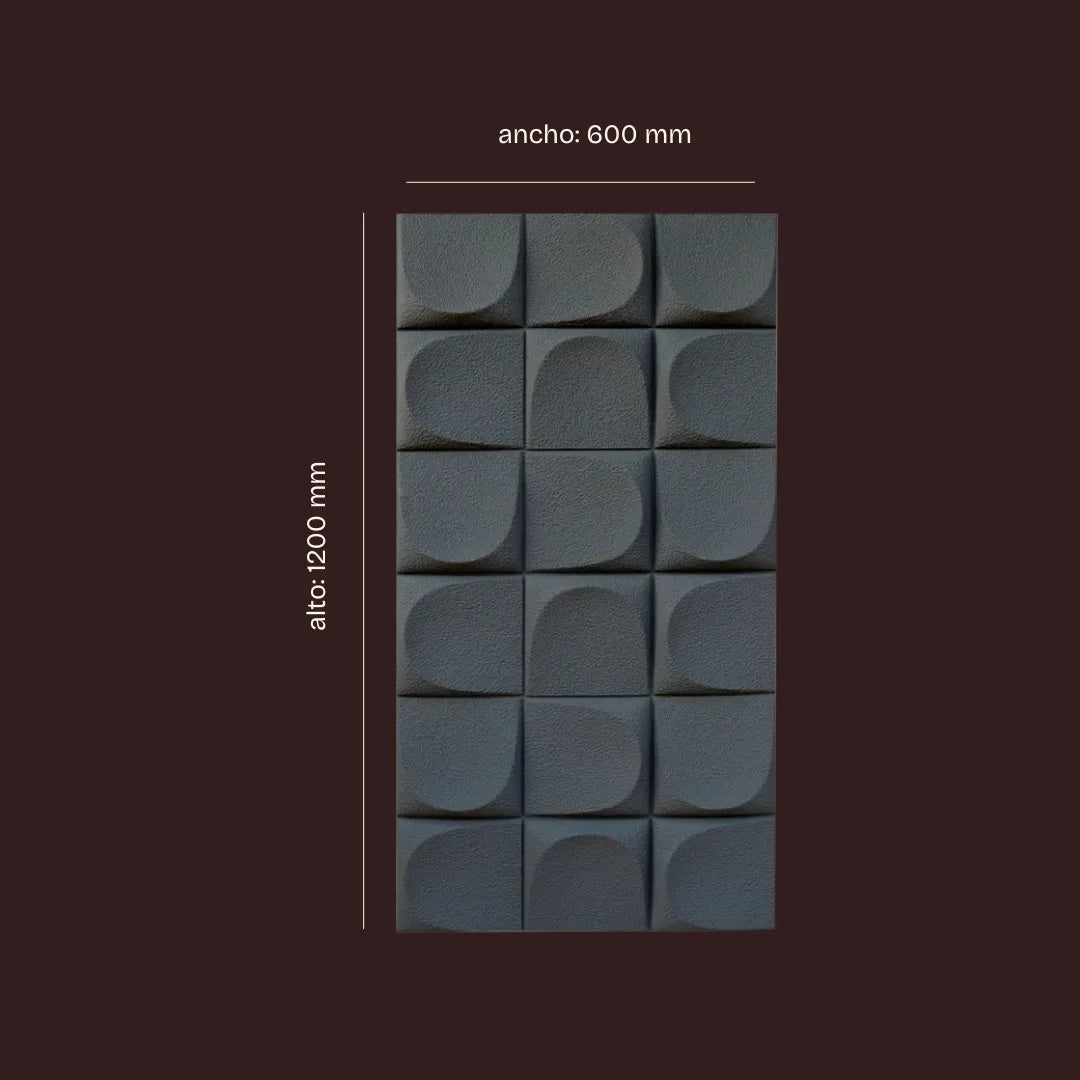 Vista frontal del panel decorativo 3D de PU efecto Almohadillado negro de Revestimientos Pared, con medidas de 600 mm de ancho por 1200 mm de alto.