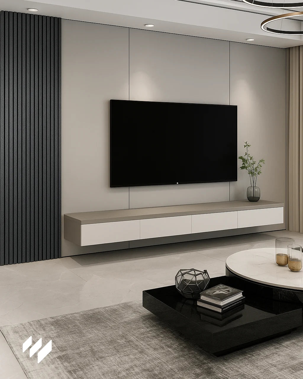 Pared de televisión decorada con revestimiento de listones WPC Gris Carbón Espiga, estilo minimalista y contraste elegante con tonos neutros.