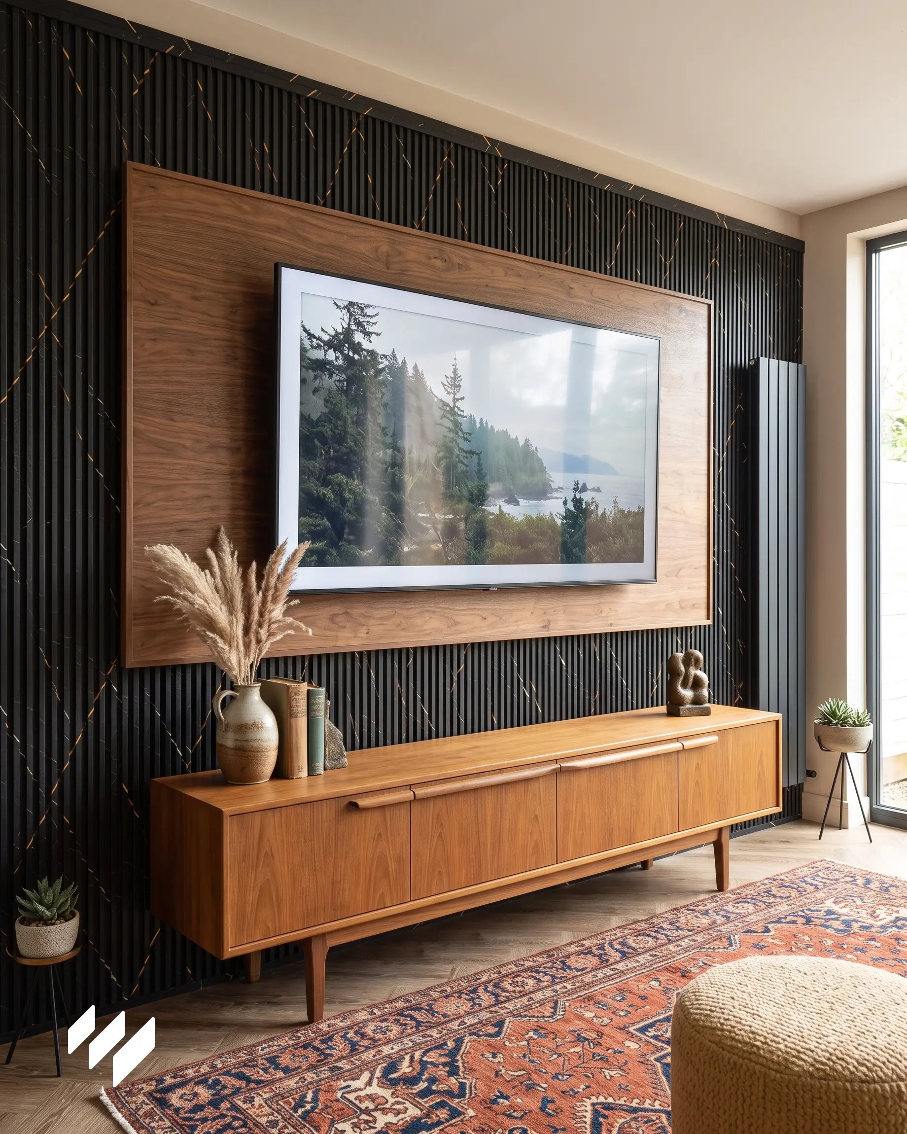 Revestimiento de pared con listones WPC Mármol Portoro Oro detrás de un mueble de televisión de madera en un salón cálido en Barcelona, con panel central de nogal, alfombra vintage y radiador vertical junto a la ventana.