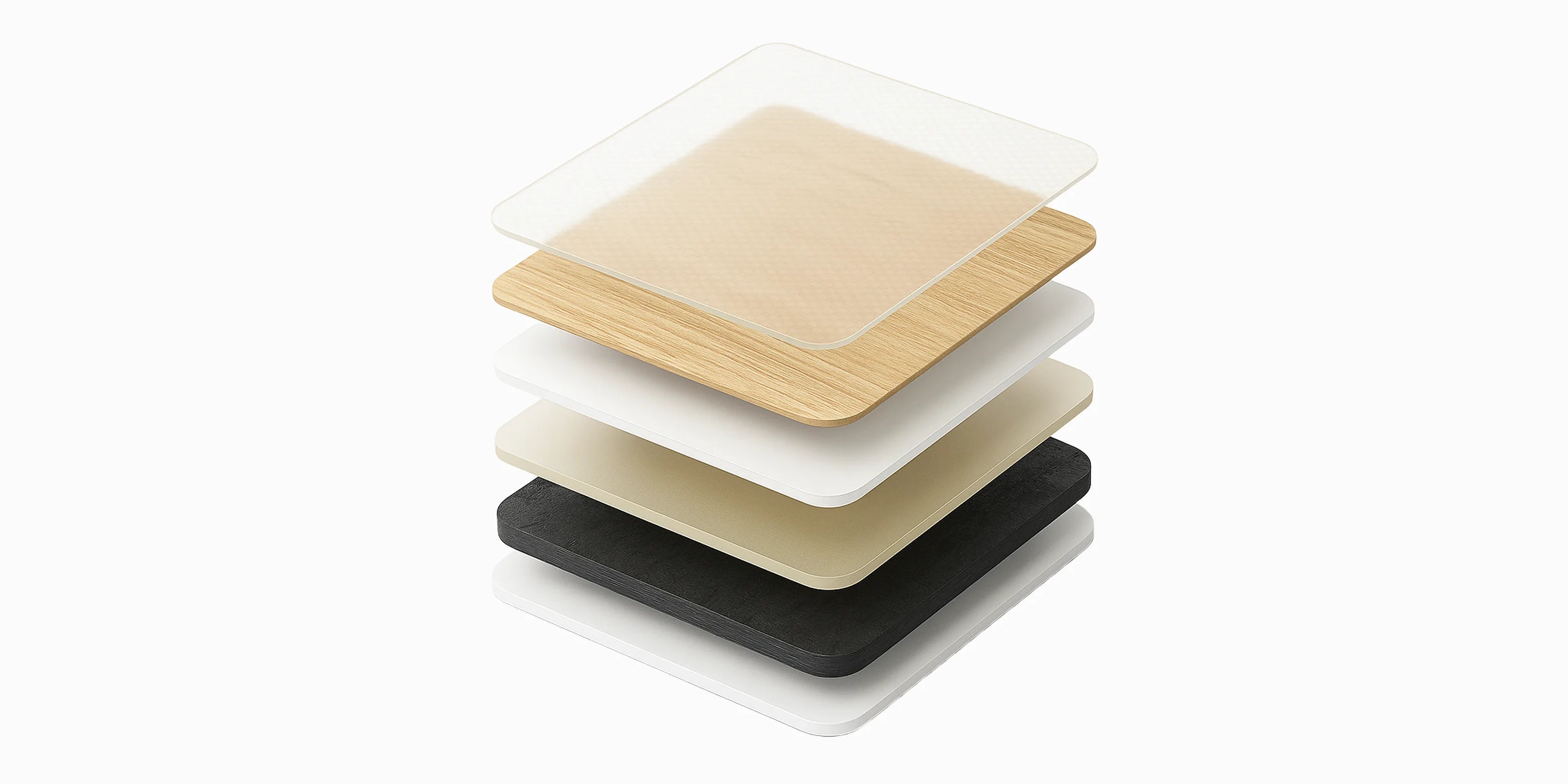 Vista en perspectiva en 3D de un panel revestimiento WPC efecto madera para PC, mostrando seis capas flotantes separadas: capa superior transparente con patrón hexagonal, capa decorativa de PVC con textura de madera clara, capa de refuerzo blanca, adhesivo PUR translúcido, sustrato negro coextruido con fibras de bambú y capa inferior impermeable blanca.