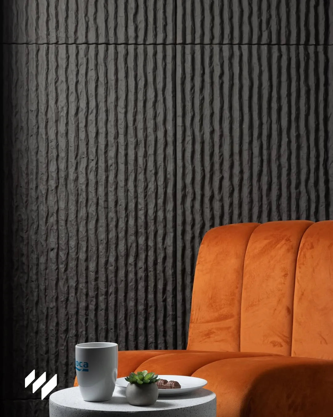 Espacio de salón con Revestimiento de pared efecto piedra acanalada negro de Revestimientos Pared, en un estilo contemporáneo y acogedor para ideas de decoración.