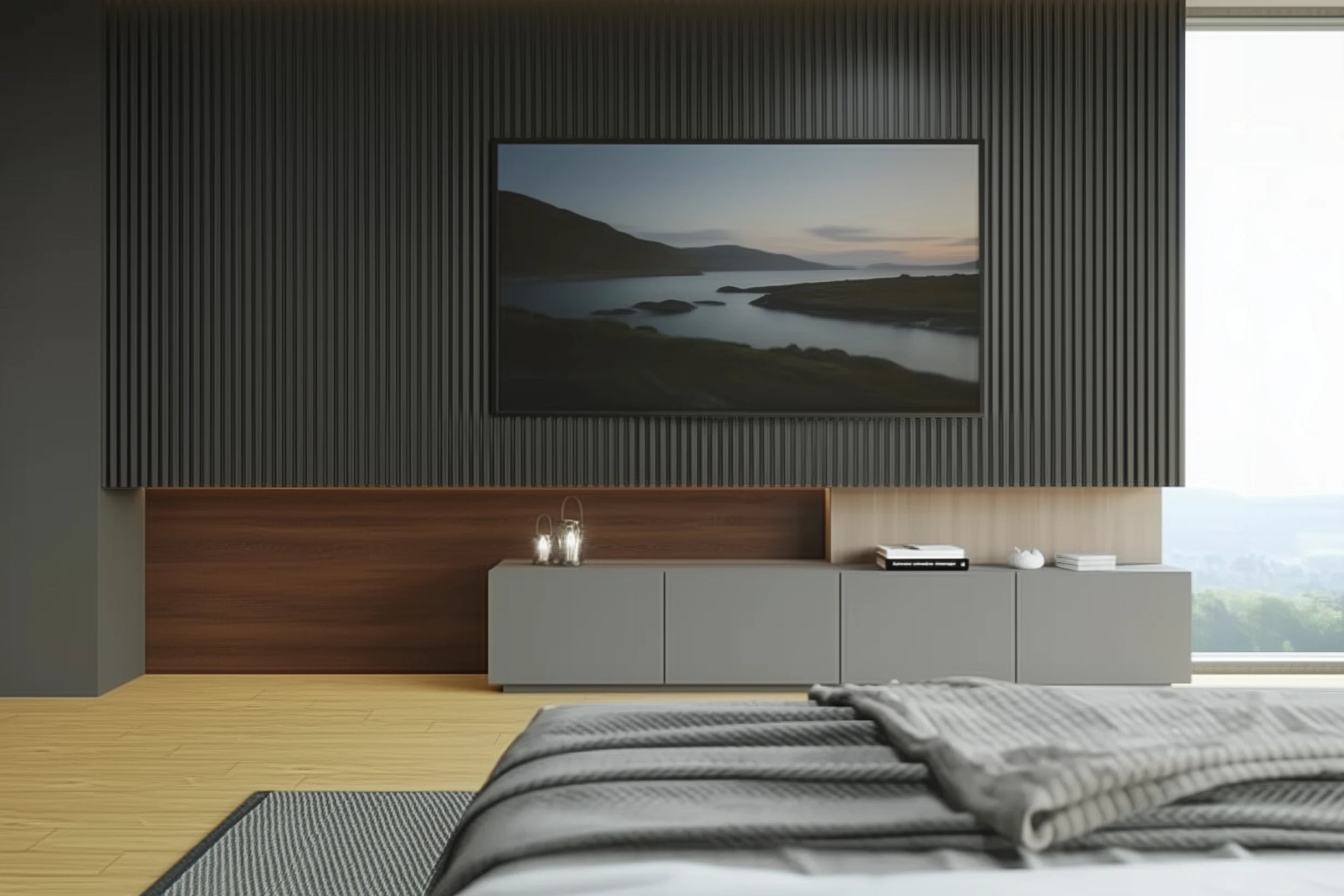 Pared con paneles decorativos de listones WPC Gris Carbón Espiga en dormitorio contemporáneo con televisión y mueble gris, diseño elegante y cálido de Revestimientos Pared.