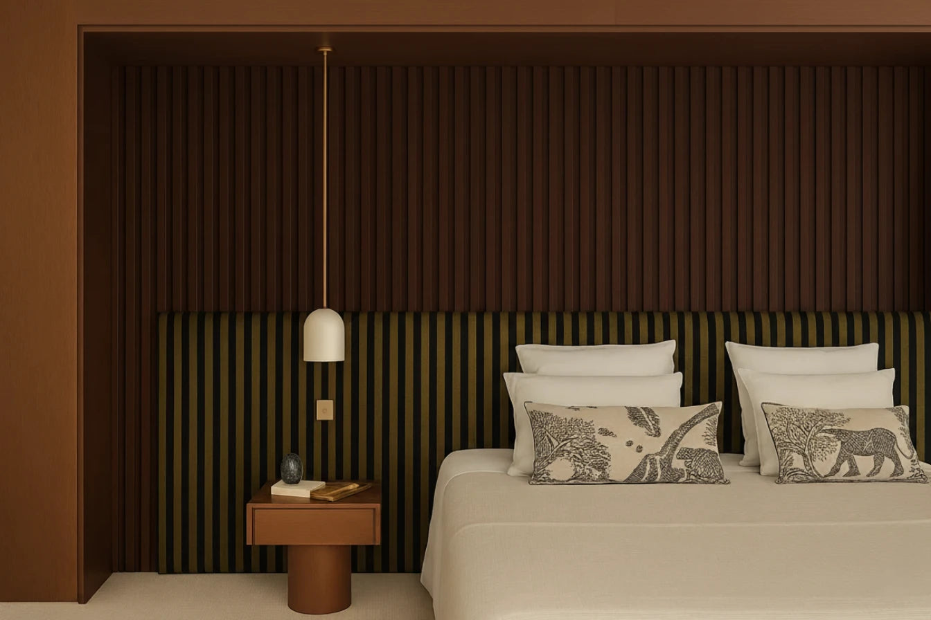 Dormitorio renovado con pared revestida en paneles Listones 3D WPC Nogal Oscuro de Revestimientos Pared, aportando textura, calidez y un estilo contemporáneo elegante