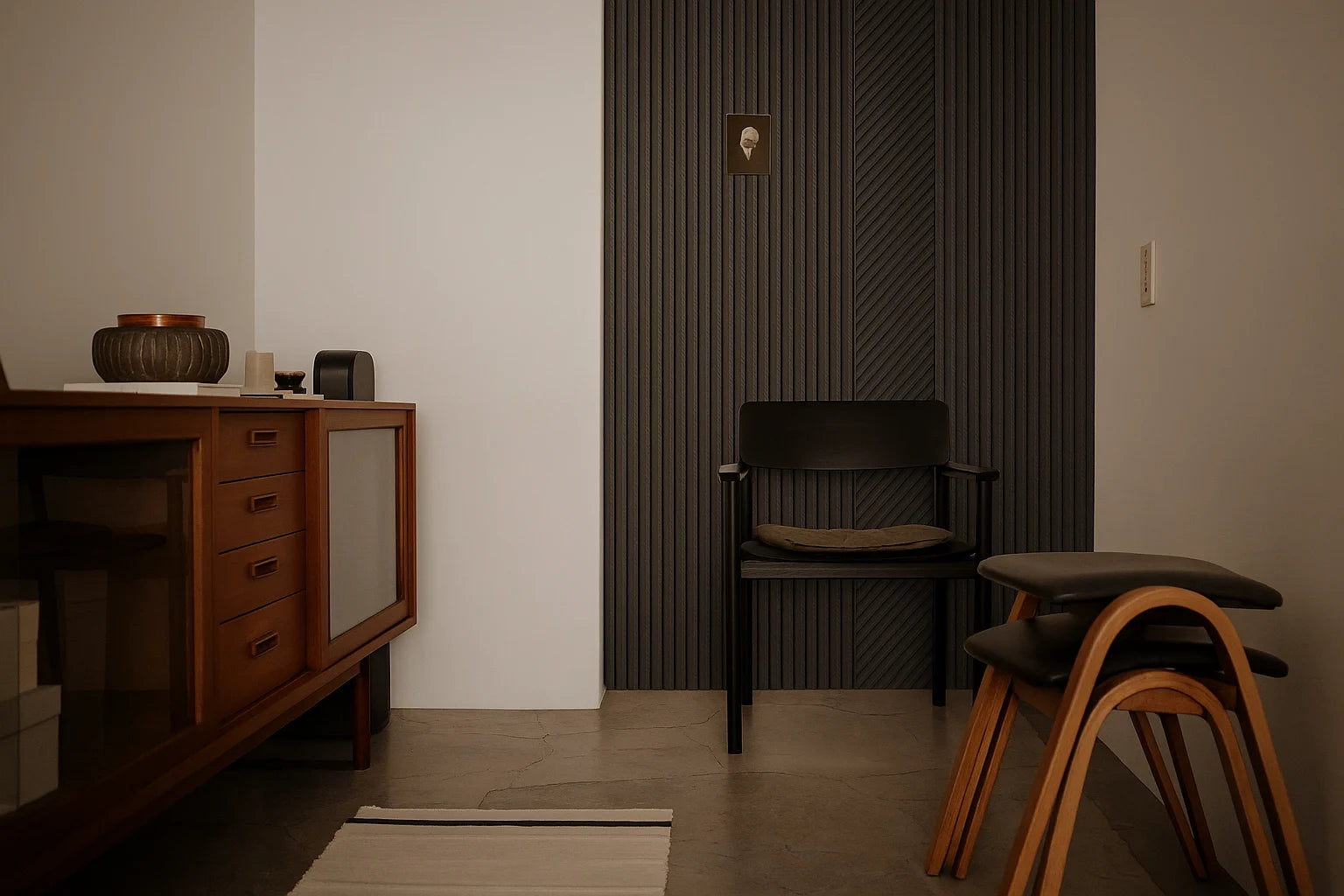 Rincón de lectura y meditación transformado en el ático García de Madrid con el revestimiento de pared Linnea Gris Carbón Espiga, creando una atmósfera elegante y serena.