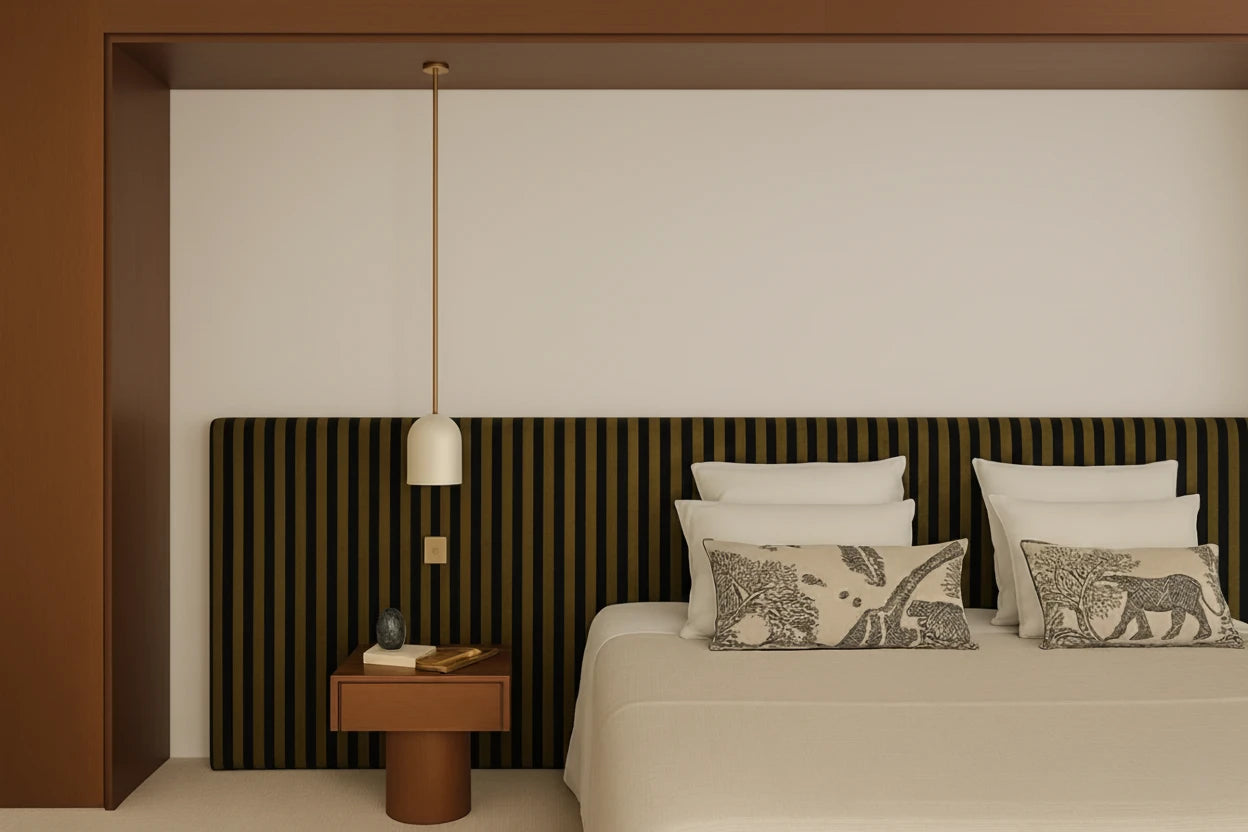 Dormitorio con pared blanca lisa detrás del cabecero, sin revestimiento decorativo, antes de instalar los paneles Listones 3D WPC Nogal Oscuro de Revestimientos Pared.