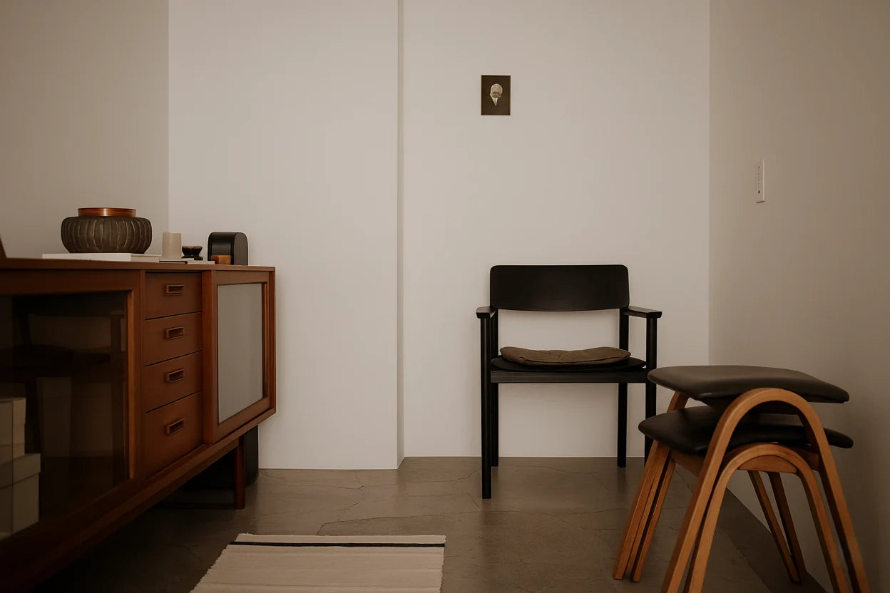 Rincón de lectura y meditación en el ático García de Madrid antes de instalar los paneles decorativos Revestimiento Pared Listones WPC Gris Carbón Espiga.