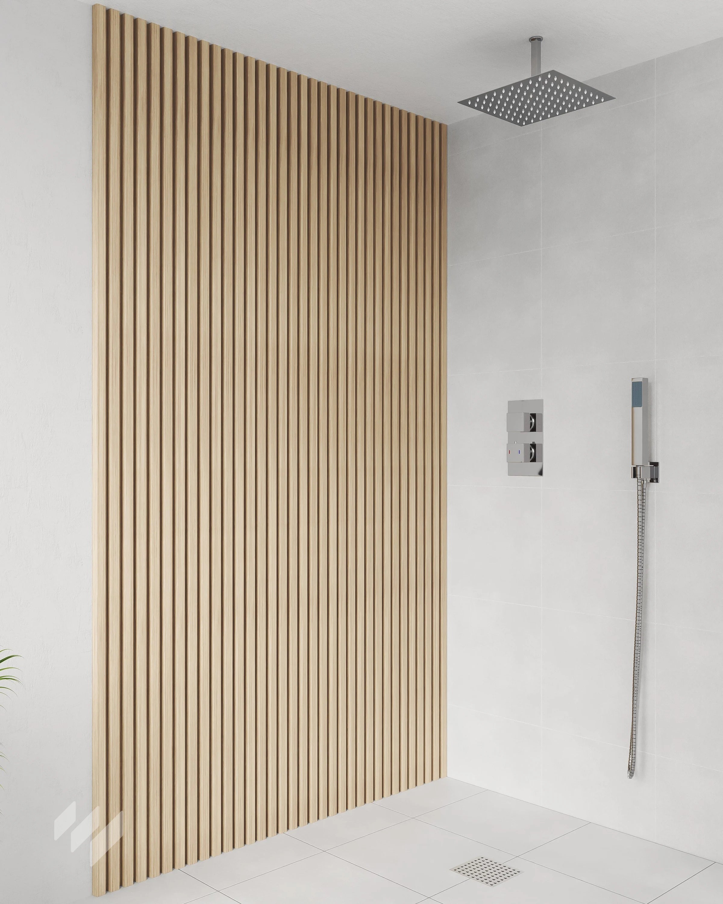 Inspiración de baño con Panel Decorativo de Listones 3D WPC Roble Nórdico de Revestimientos Pared, en un diseño moderno y minimalista, ofreciendo ideas para renovar zonas de ducha con estilo natural.