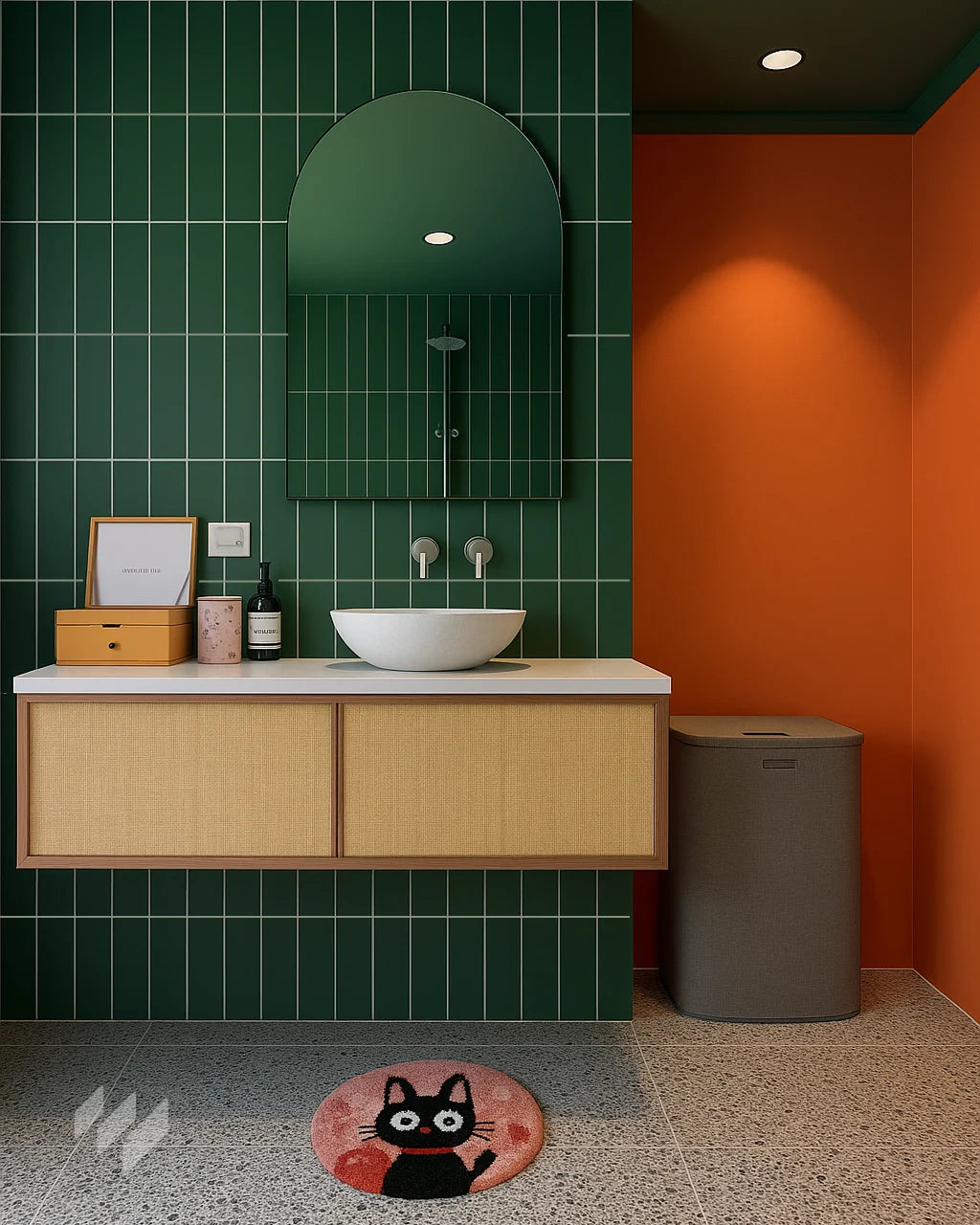 nspiración de baño con Panel SPC imitación azulejo vertical verde de Revestimientos Pared, en un diseño moderno y vibrante, ofreciendo ideas para decoración de baños contemporáneos con toques de color. Baño en apartamento de L. R. Martínez, Málaga