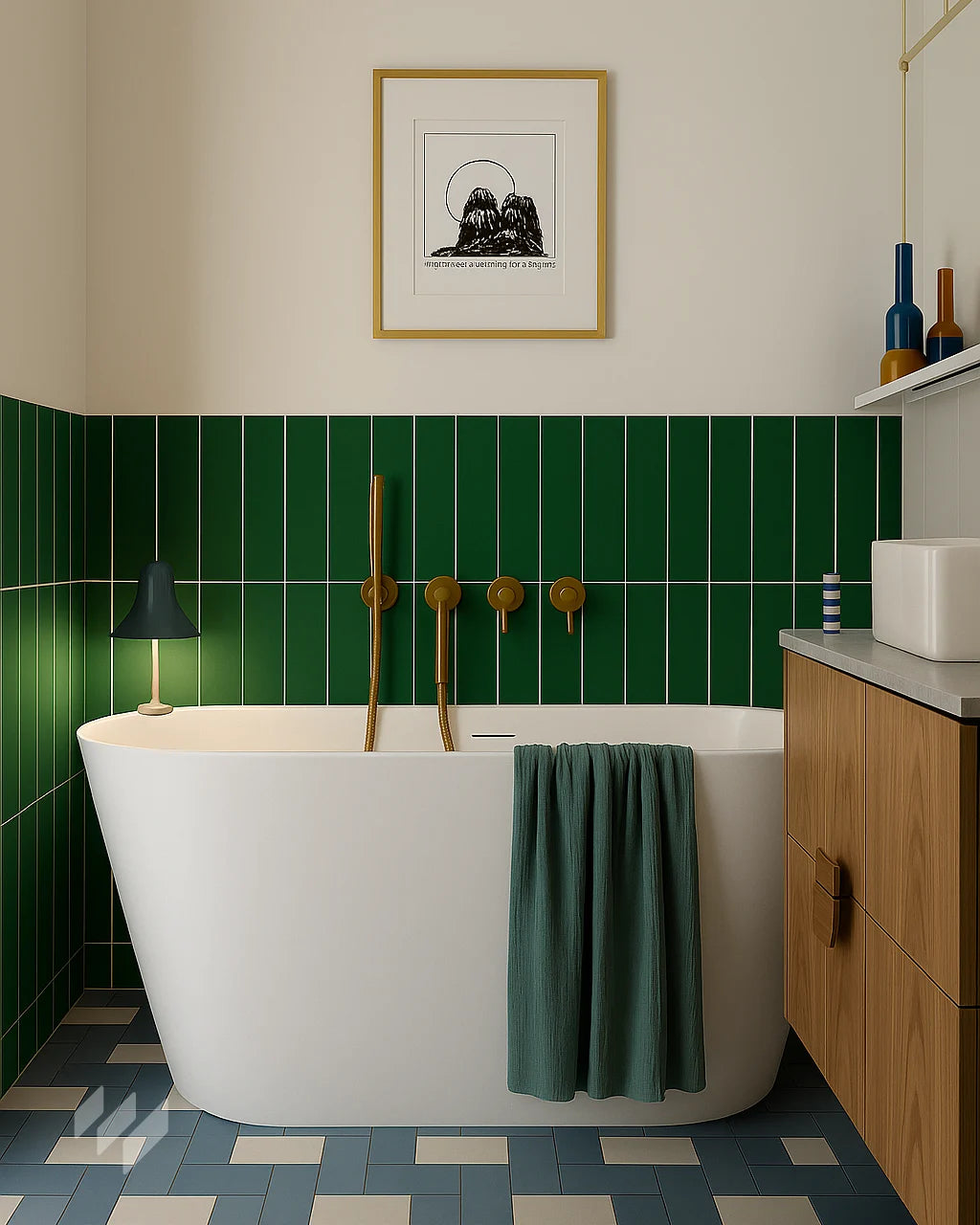 Mostrar instalación de baño con Panel SPC imitación azulejo vertical verde de Revestimientos Pared, en un estilo moderno y acogedor con detalles cálidos, ofreciendo ideas para decoración de interiores con personalidad.
