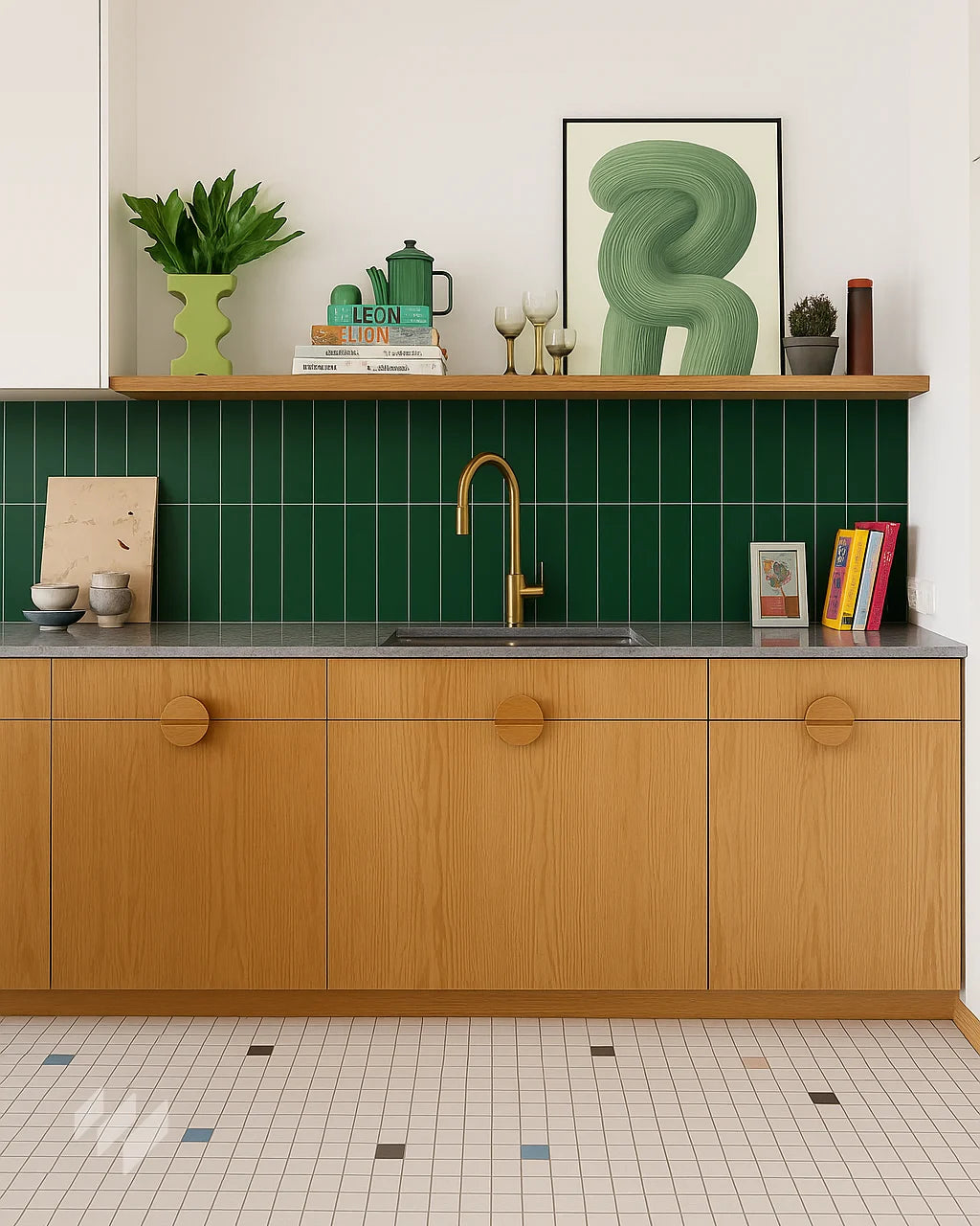 Inspiración de cocina con Panel SPC imitación azulejo vertical verde de Revestimientos Pared, en un diseño moderno y vibrante, ofreciendo ideas para decoración de interiores y reformas de cocinas. Cocina en apartamento de M. G. López, Barcelona